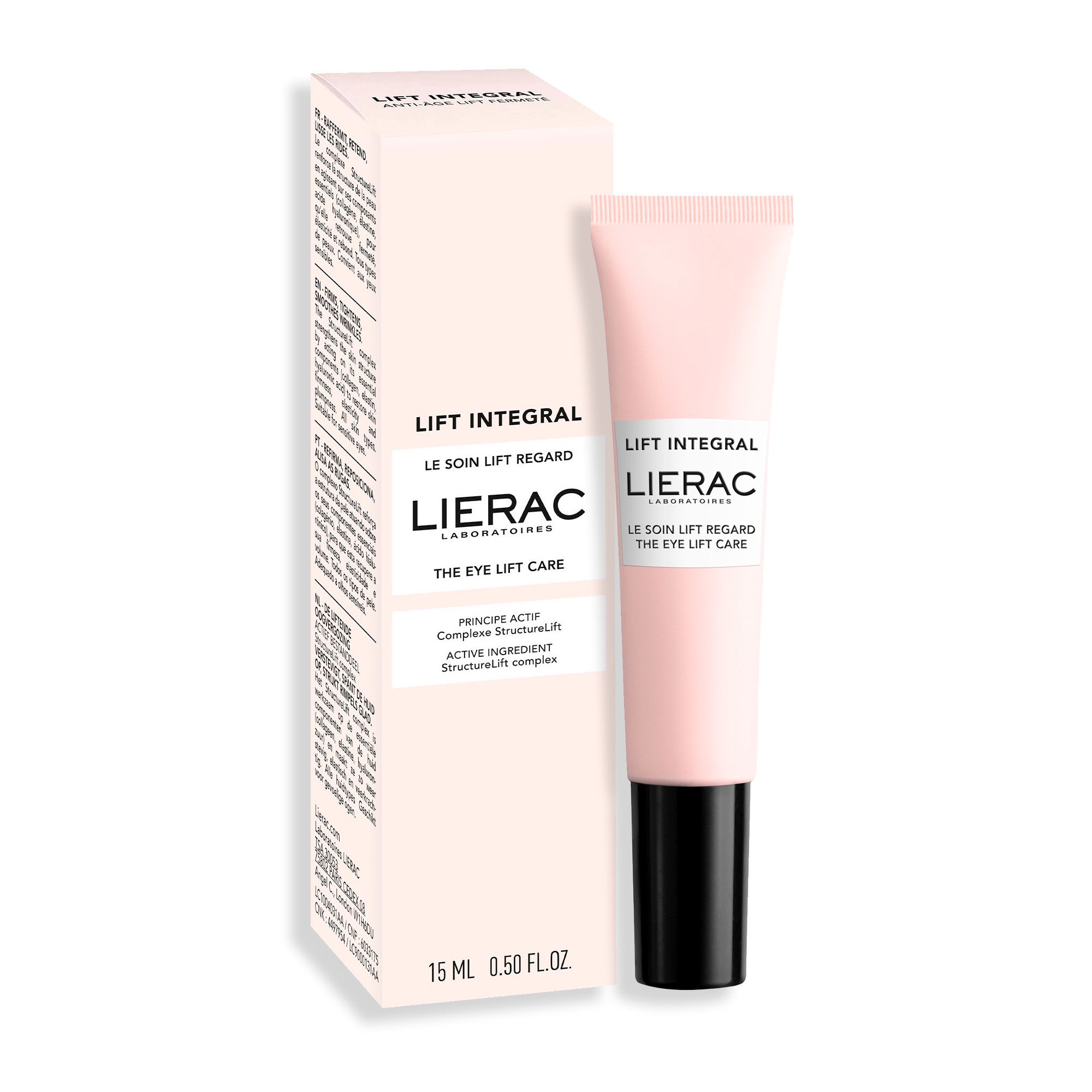Roze tube en doos. Opschrift: Lierac, Lift Integral, The Eye Lift Care. 15 ml.