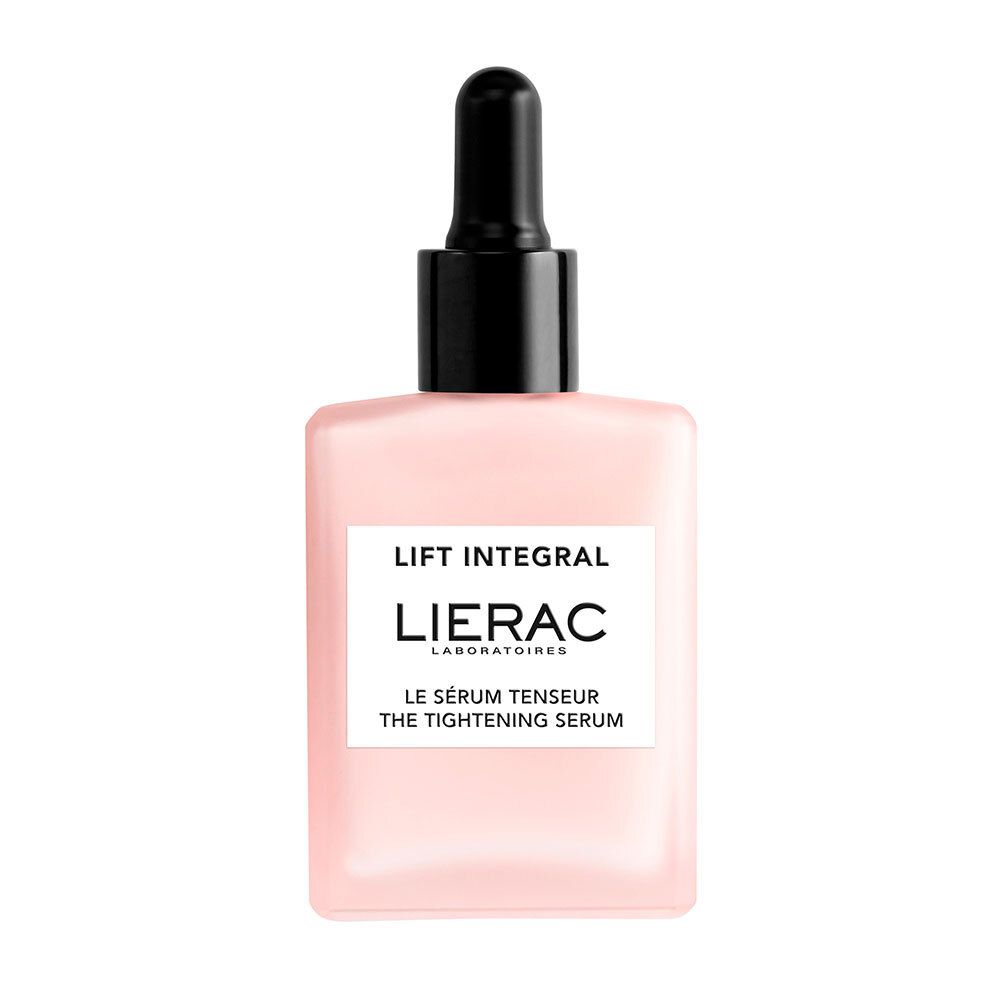 Flacon de sérum rose avec compte-gouttes noir. Inscriptions : Lierac, Lift Integral, The Tightening Serum.