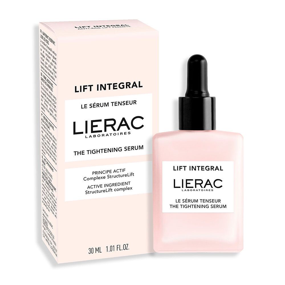 Flacon de sérum rose et emballage. Inscriptions : Lierac, Lift Integral, The Tightening Serum, 30 ml.