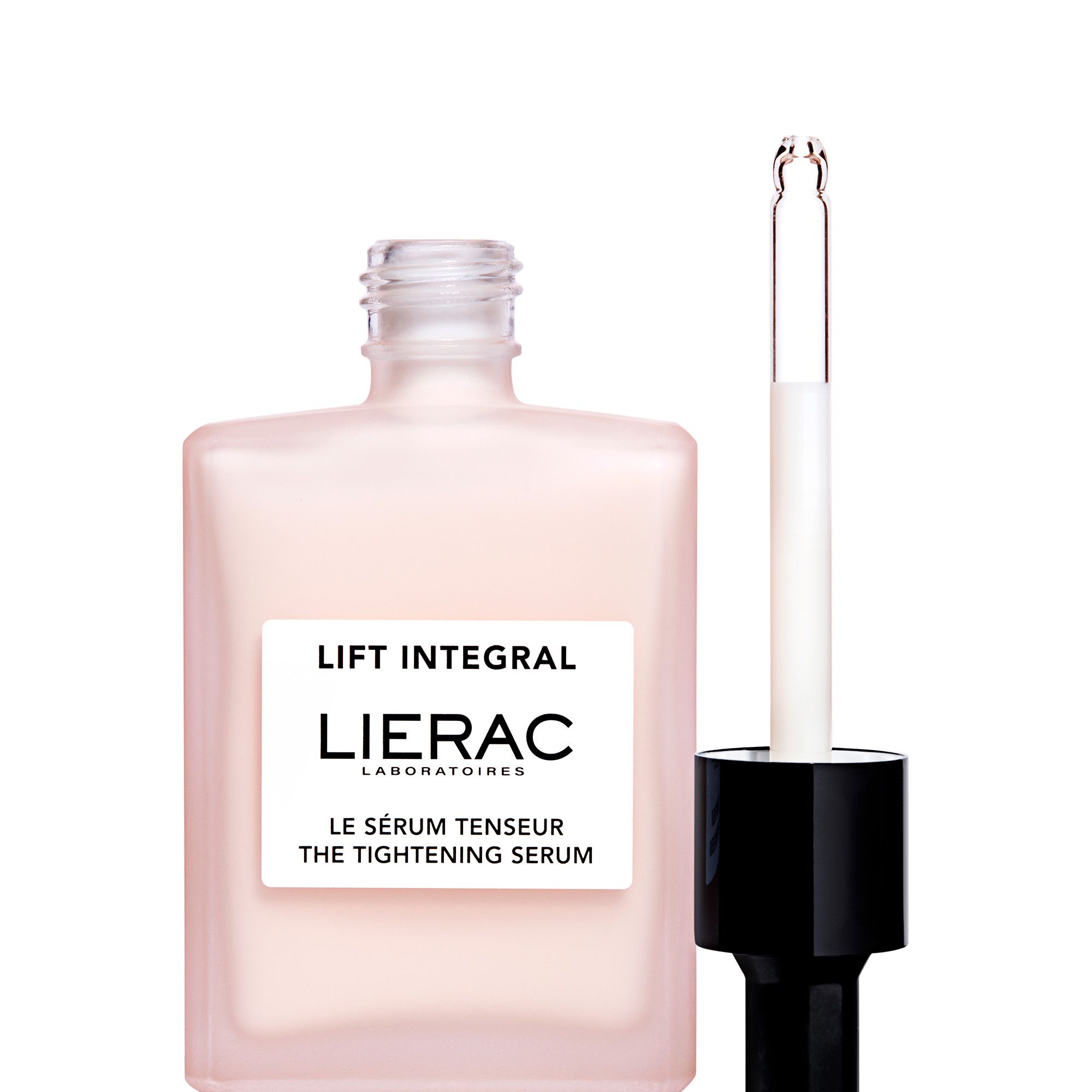 Serumfles met pipet. Opschrift: Lierac, Lift Integral, Le Sérum Tenseur. Pipet is open.