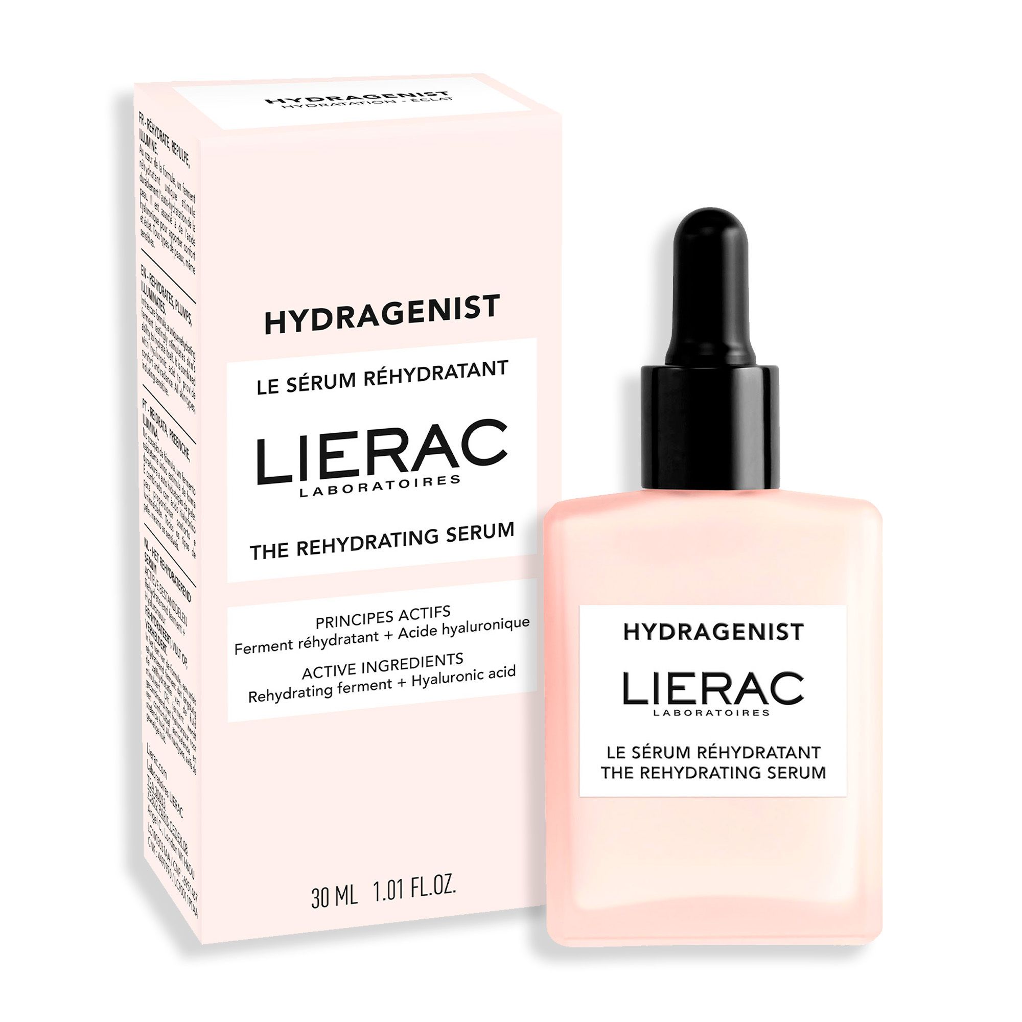 Roze serumfles met zwarte dop en pipet. Opschrift: HYDRAGENIST, LIERAC. Tekst: LE SÉRUM RÉHYDRATANT THE REHYDRATING SERUM.