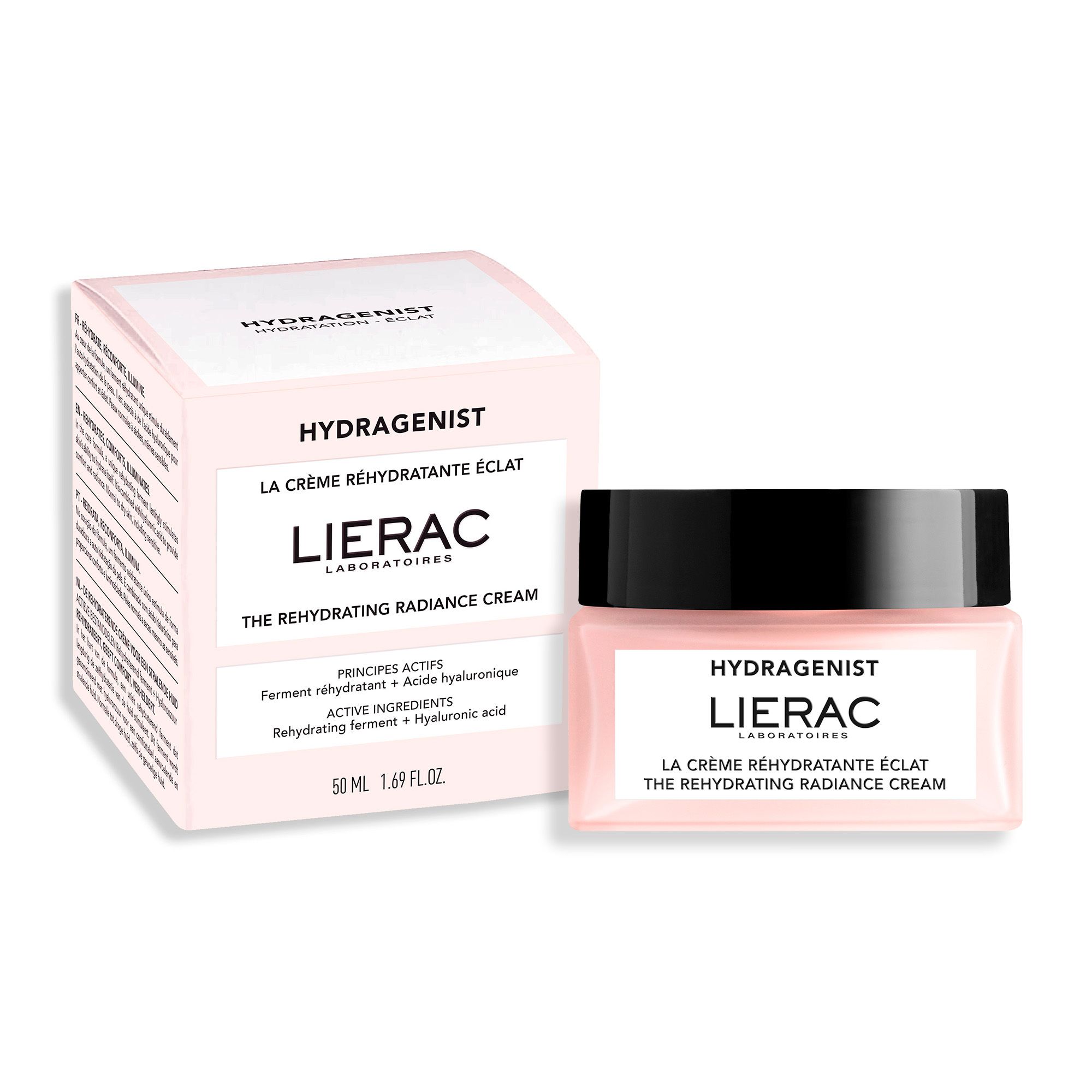 Pot de crème et boîte. Inscription: HYDRAGENIST, LIERAC, LA CRÈME RÉHYDRATANTE ÉCLAT, THE REHYDRATING RADIANCE CREAM.