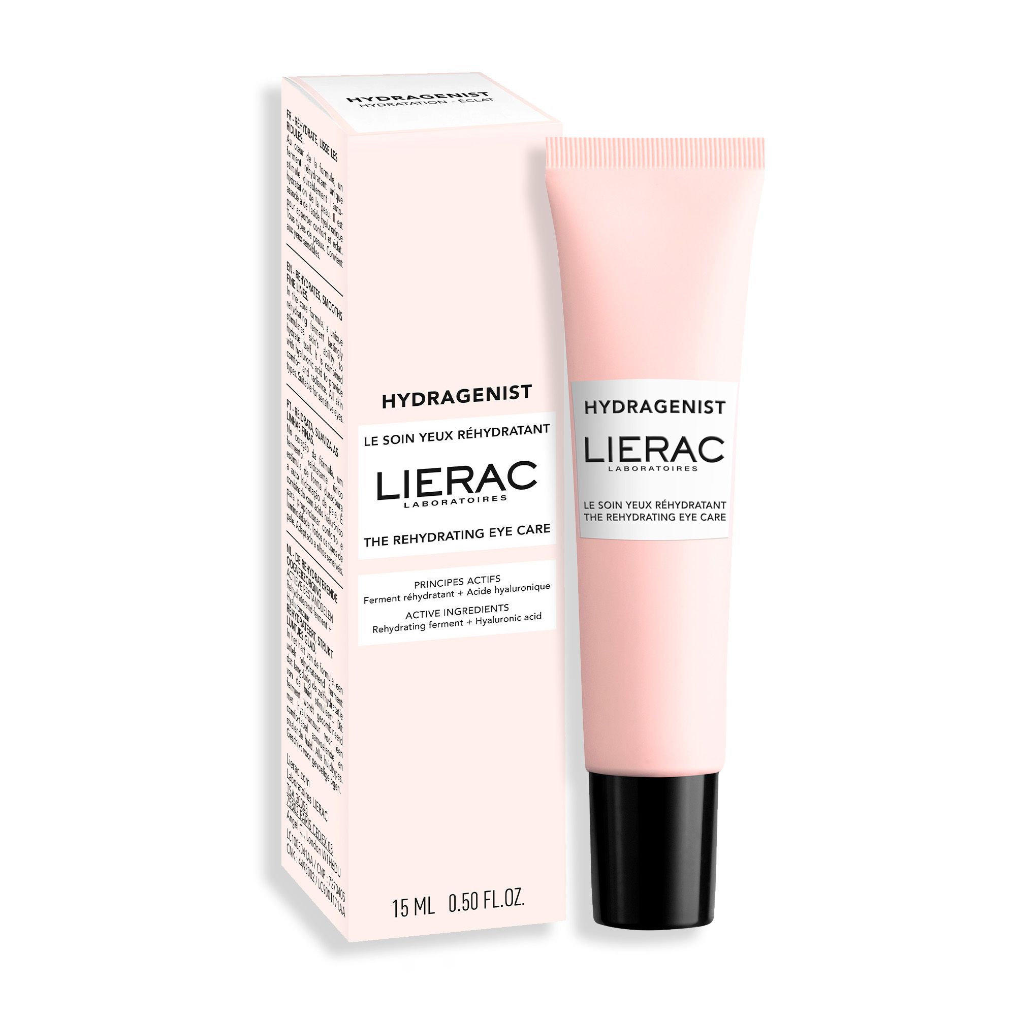 Doos en tube. Opschrift: Hydragenist, LIERAC. Tekst: Le soin yeux réhydratant, The rehydrating eye care. 15 ml 0.50 FL.OZ.
