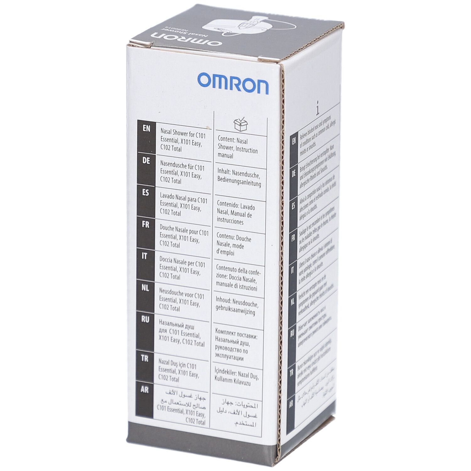 Verpakking van de Omron neusdouche. Bevat tekst over de inhoud, inclusief de handleiding.