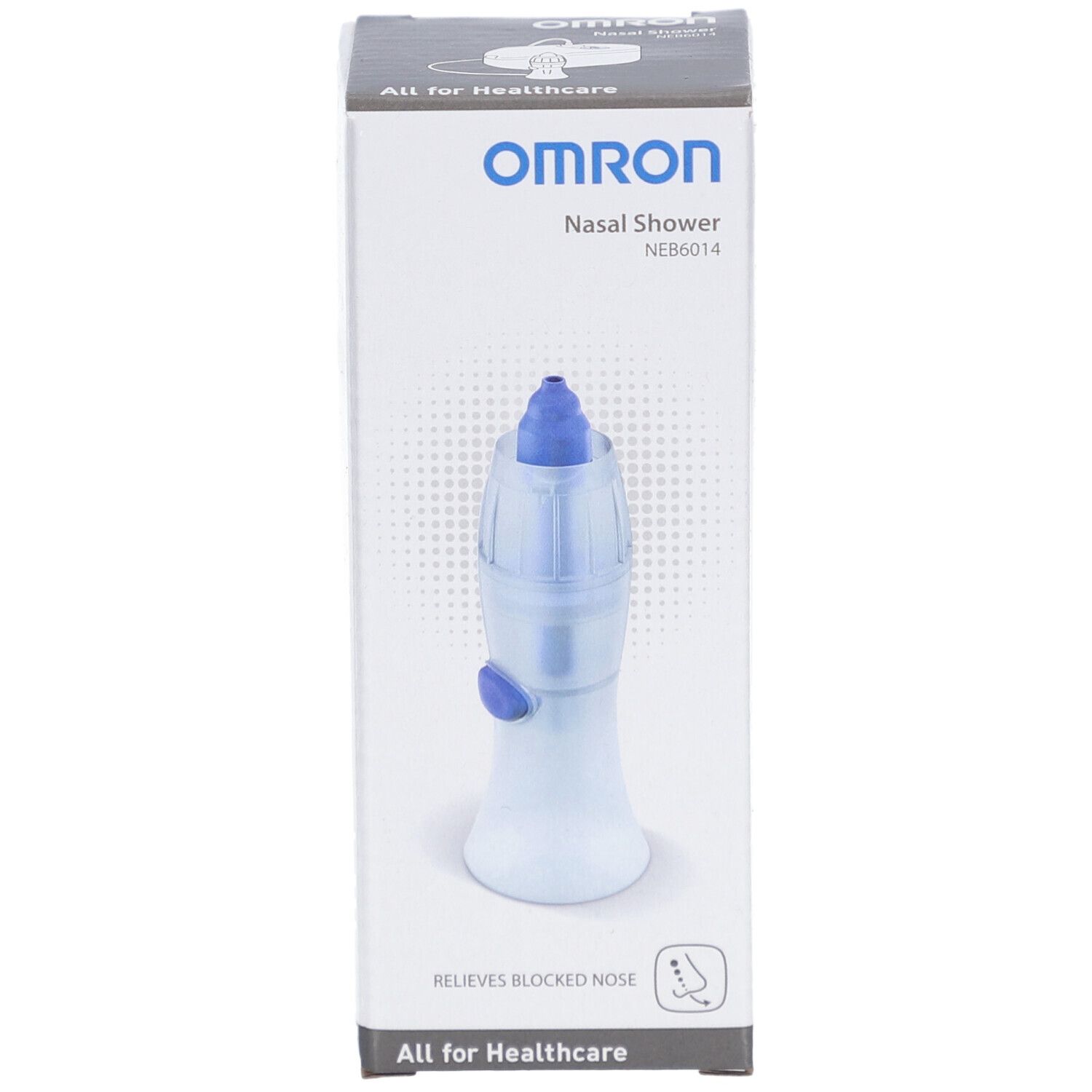 Omron neusdouche in verpakking. Blauw-wit apparaat met blauwe punt. Doos met logo en productnaam.