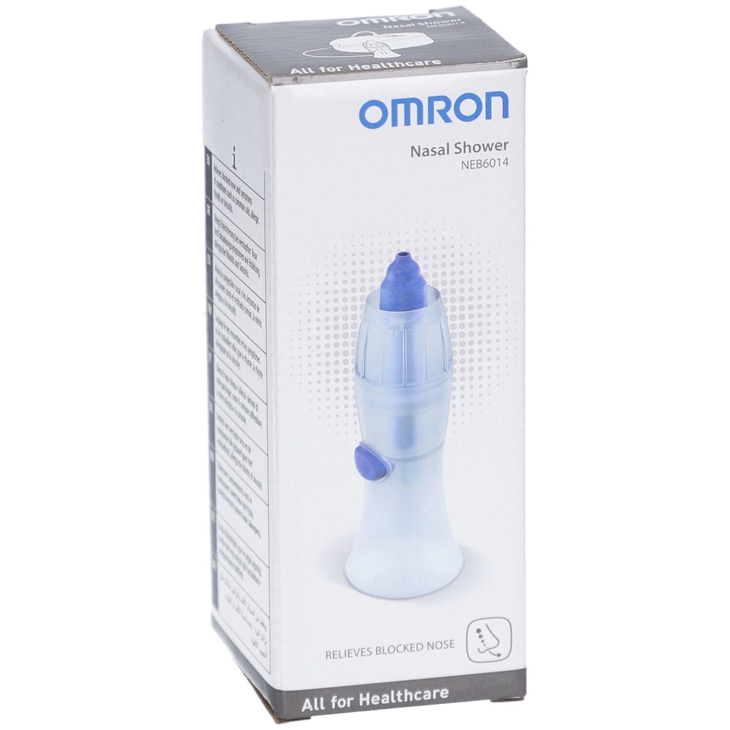 Omron neusdouche in verpakking. Blauw-wit apparaat met blauwe punt. Doos met logo en productnaam.