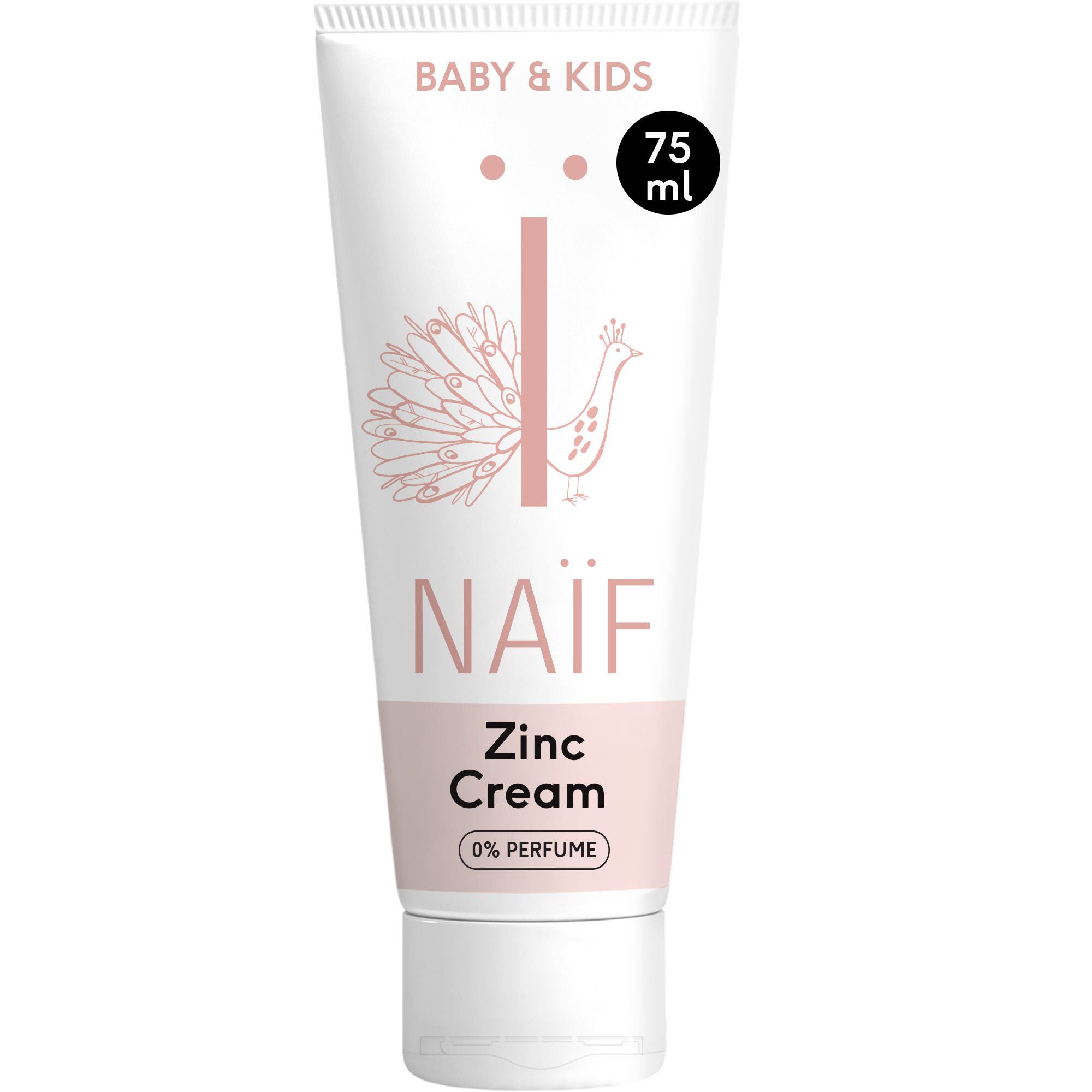 Witte tube NAÏF® Baby & Kids. Opschrift: Zink Cream, 0% parfum. Roze illustraties.