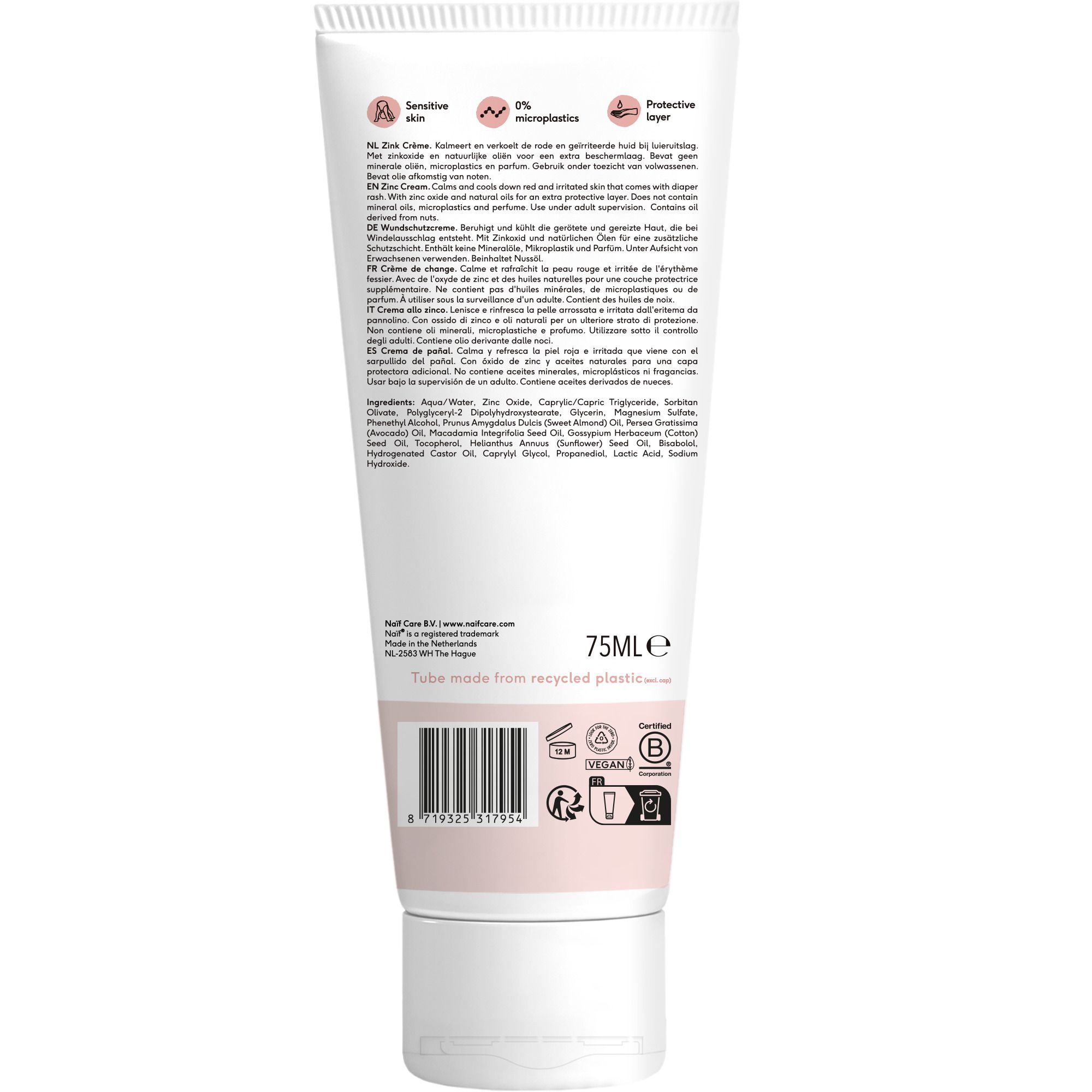 Achterkant tube NAÏF® Baby & Kids. Meertalige tekst. 75ml. Vegan keurmerk. Gemaakt van gerecycled plastic.