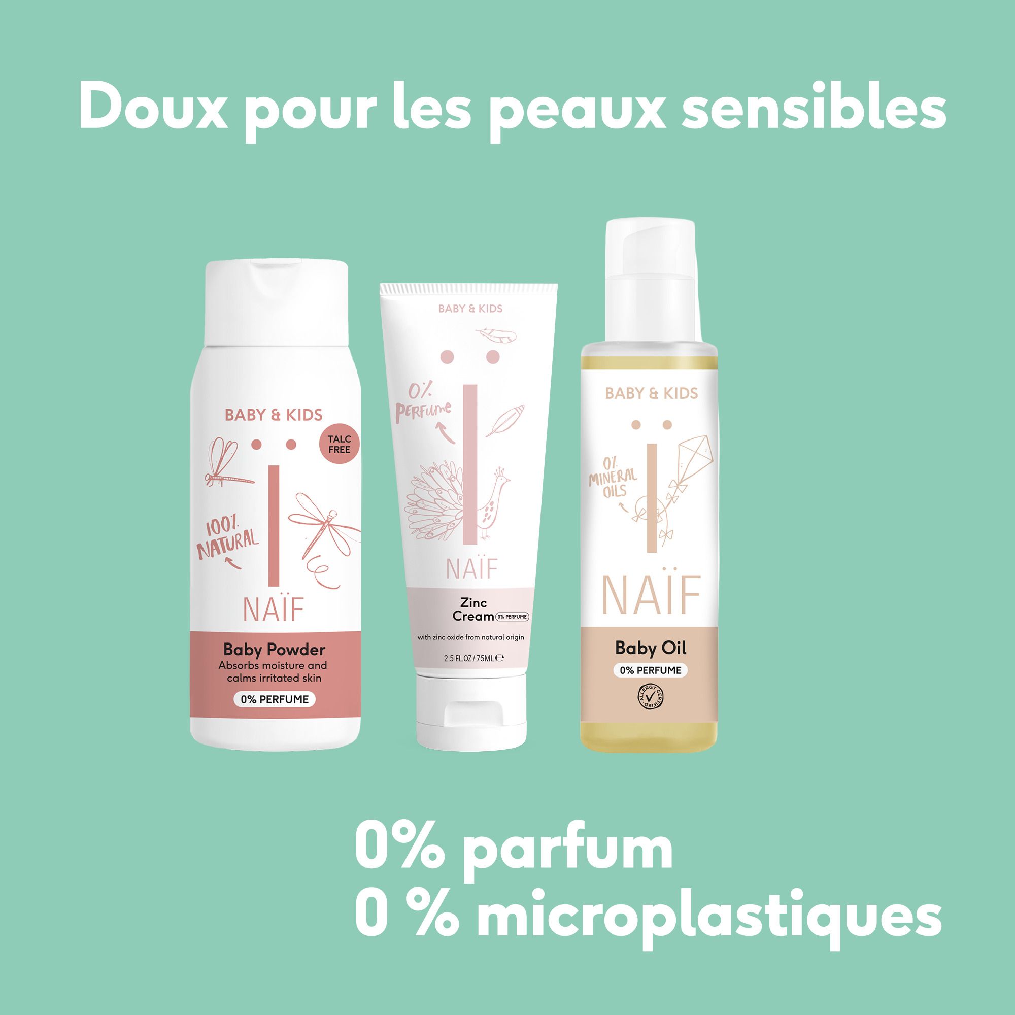 Trois produits NAÏF®: Baby Powder, Zinc Cream, Baby Oil. Texte: 0% parfum, 0% microplastiques. Fond: Turquoise.