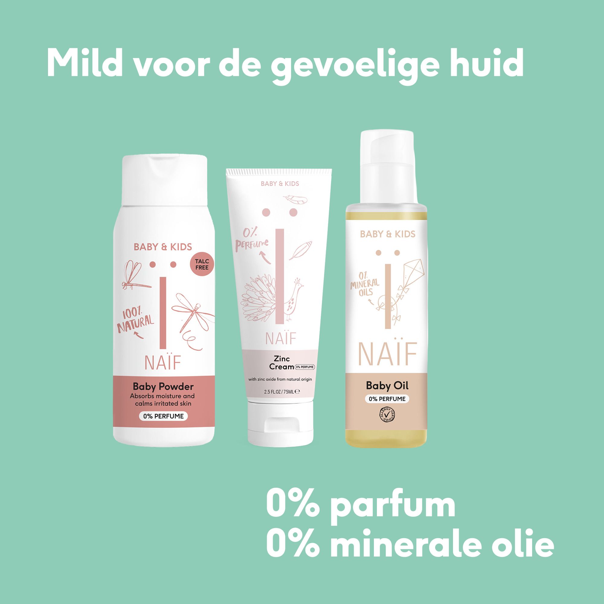 Drie NAÏF® producten: Baby Powder, Zink Cream, Baby Oil. Tekst: 0% parfum, 0% minerale olie. Achtergrond: Turquoise.