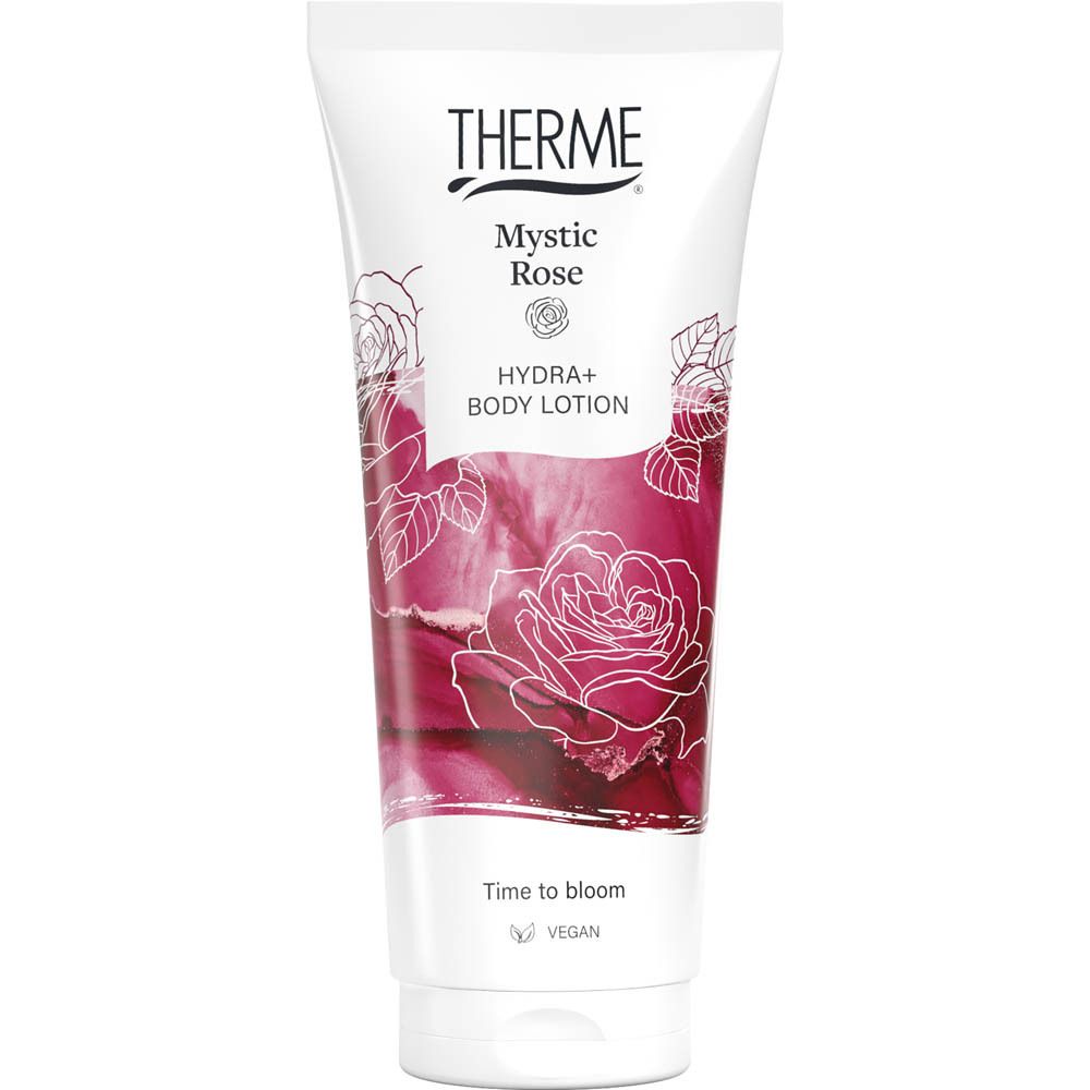 THERME Mystic Rose Hydra+ bodylotion in witte tube met rozenprint. "New Look" en "VEGAN" vermelding.