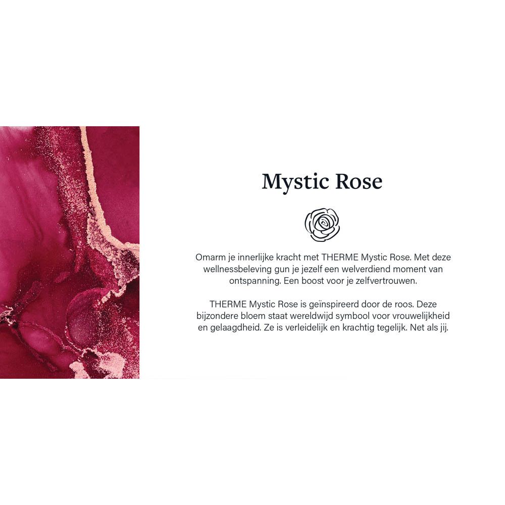 Therme Mystic Rose lichaamsverzorgingsproducten gerangschikt op een tafel.