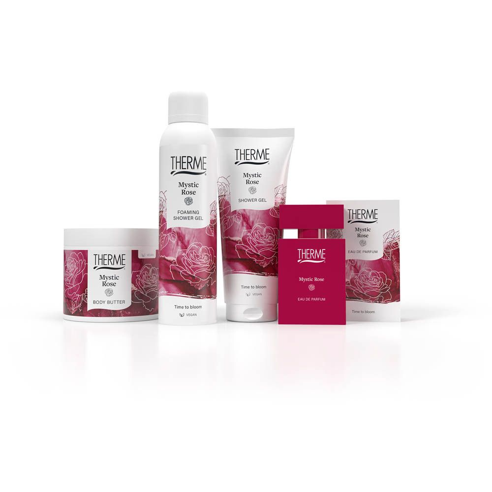 Therme "Guilt-free genieten" met keurmerken voor vegan cosmetica en FSC-verpakking.