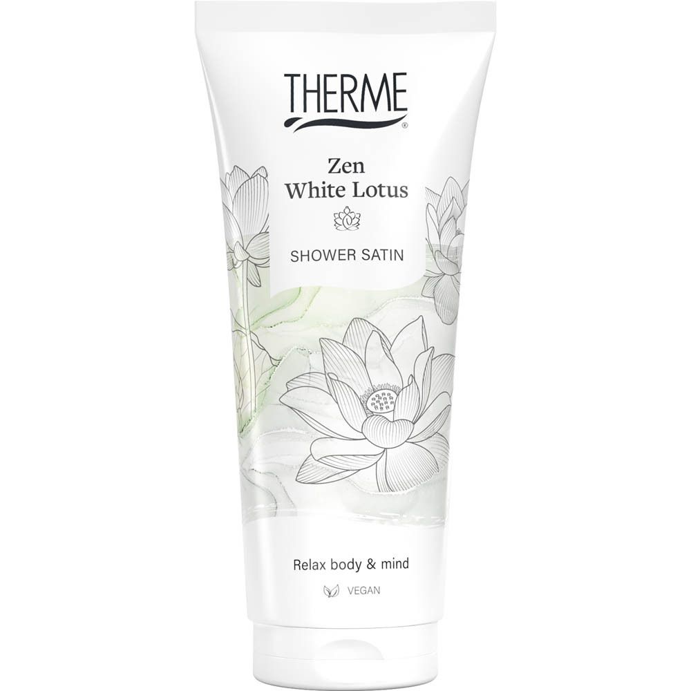 Witte tube met THERME-logo en Zen White Lotus-design. Opschrift: Shower Satin. Vegan-zegel.