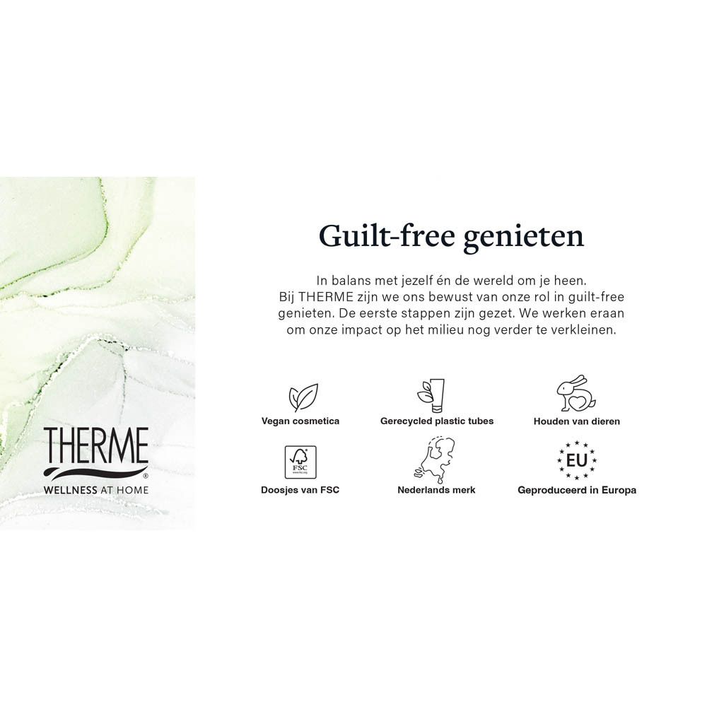 Tekstpagina met informatie over duurzame praktijken. THERME-logo en symbolen.