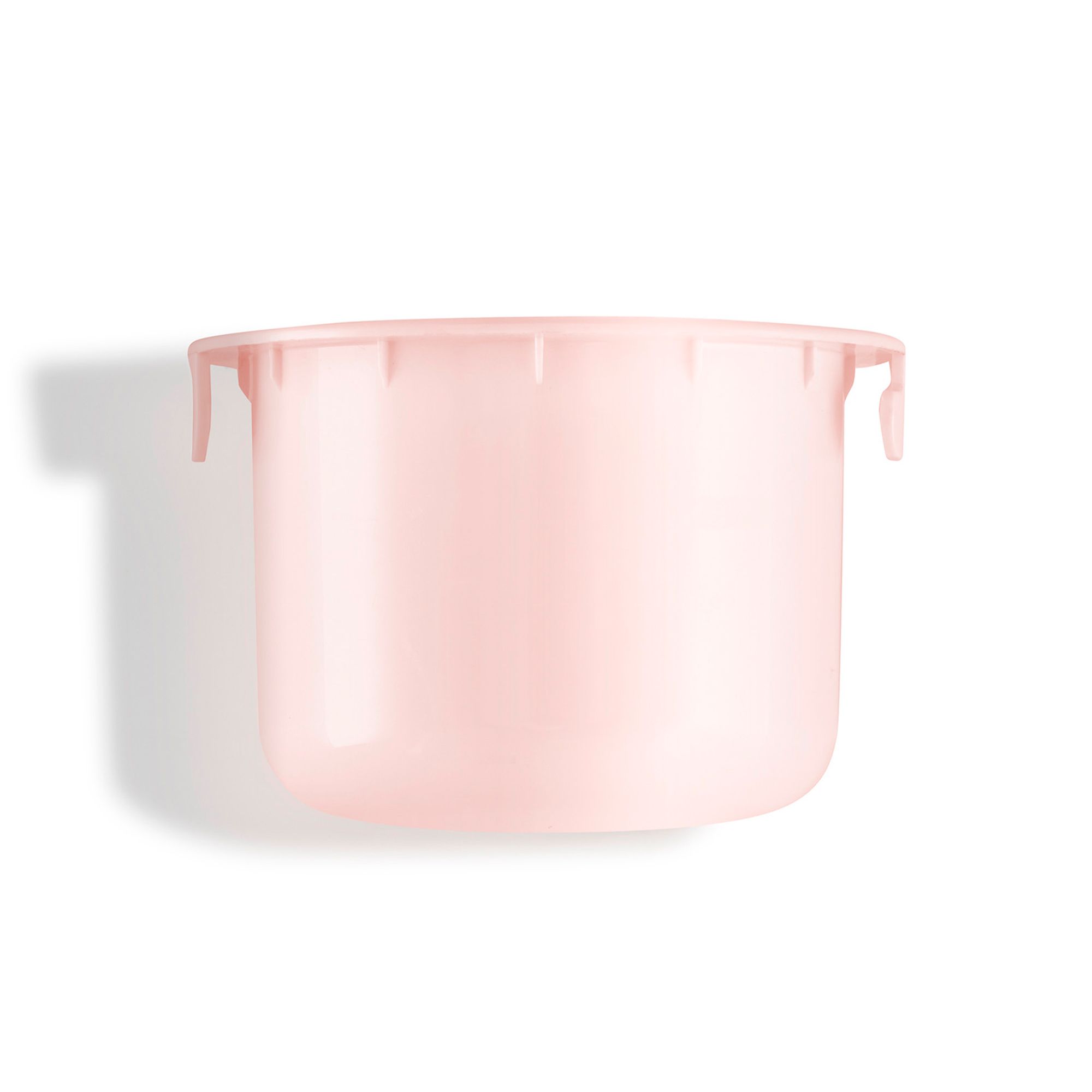 Roze, cilindrische container met twee kleine handvatten. Bovenkant open.