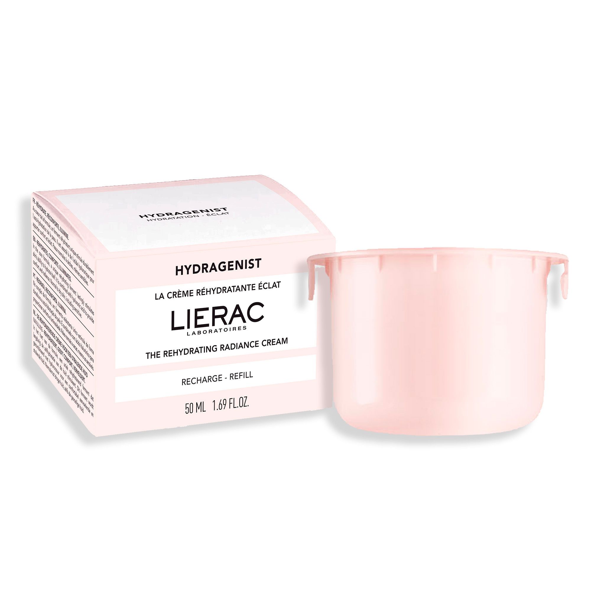Boîte cosmétique rose et récipient rose. Boîte avec texte: HYDRAGENIST, THE REHYDRATING RADIANCE CREAM, LIERAC, 50 ml. Récipient ouvert.