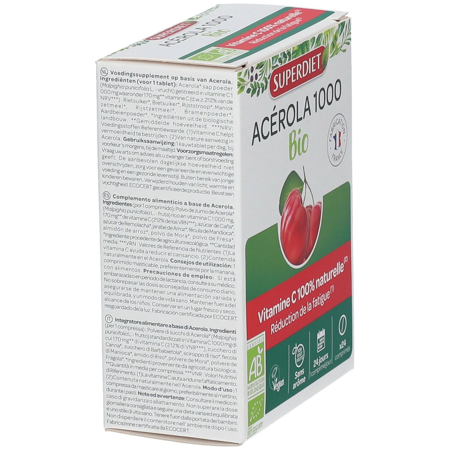 Zijaanzicht van de verpakking van SUPER DIET Acérola 1000 Bio. Meertalige tekst, afbeelding van kersen.