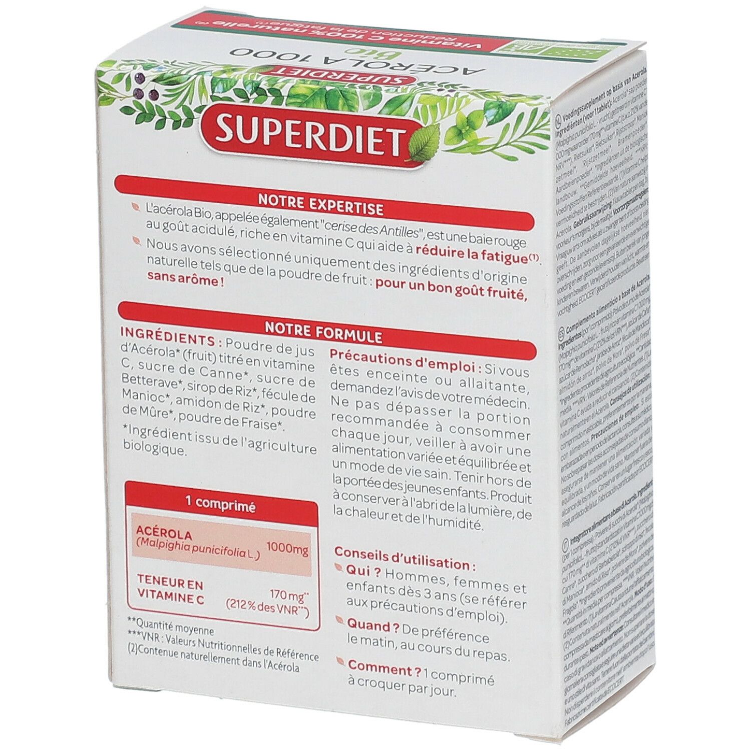 Achterkant van de verpakking van SUPER DIET Acérola 1000 Bio. Bevat informatie over ingrediënten en gebruik.