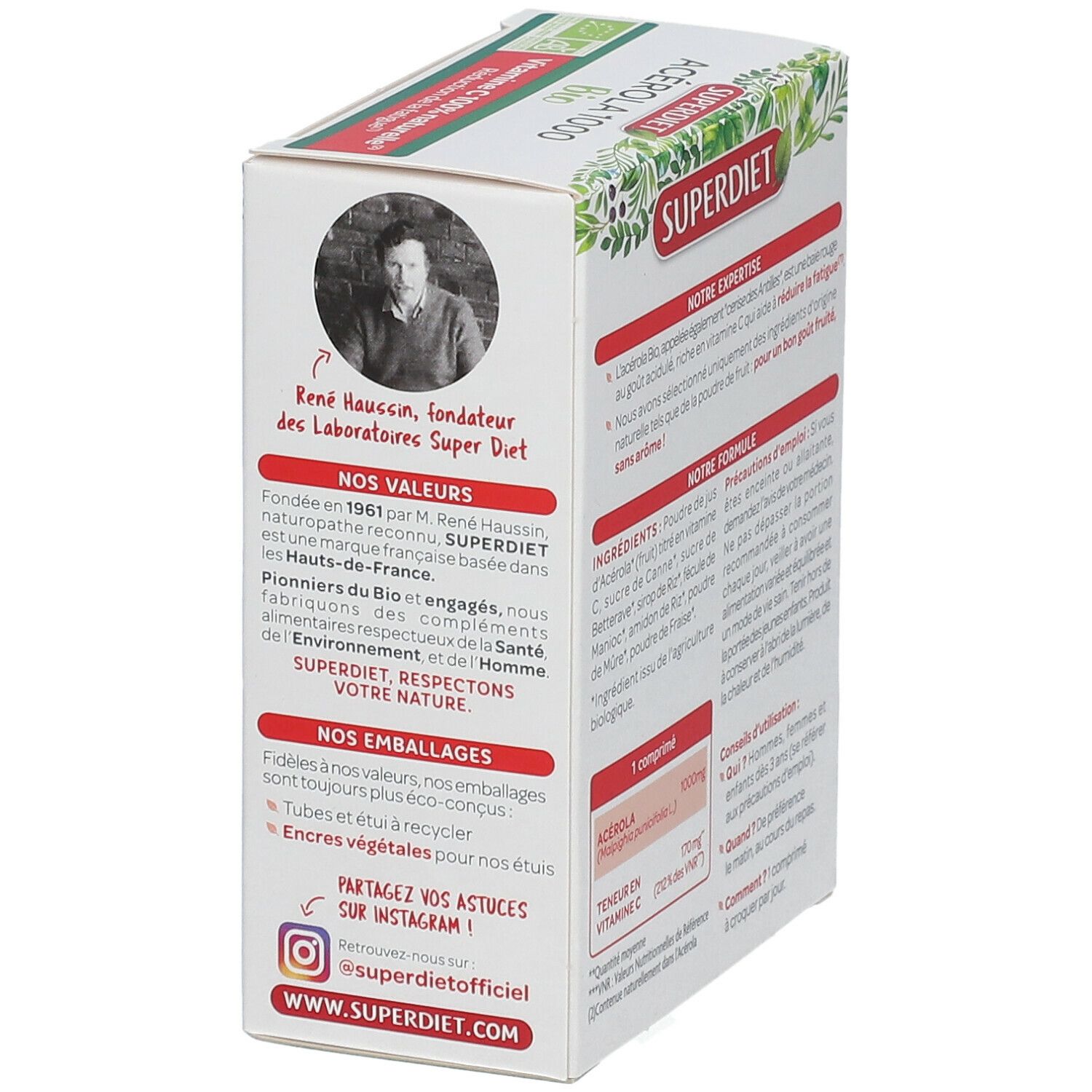 Zijaanzicht van de verpakking van SUPER DIET Acérola 1000 Bio. Informatie over fabrikant en ingrediënten.