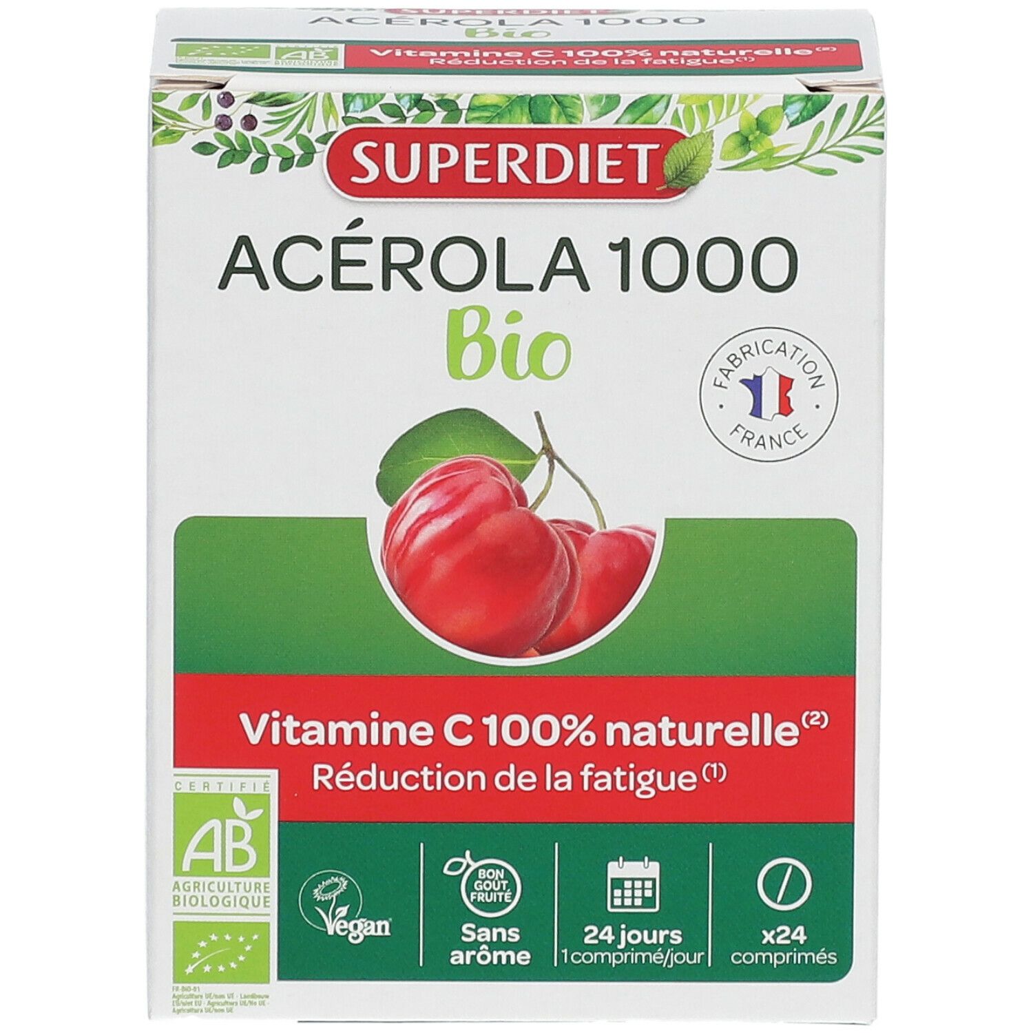 Vooraanzicht van de verpakking van SUPER DIET Acérola 1000 Bio. Bio-keurmerk, vegan en zonder aroma.