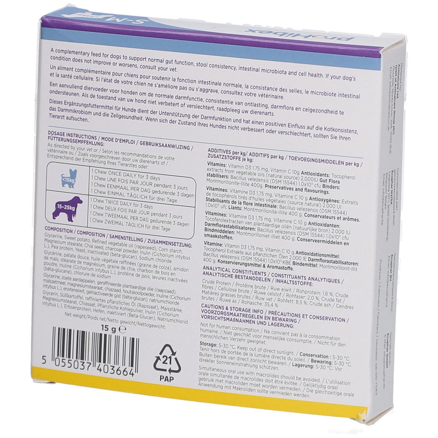 Dos de la boîte proHibex S-M. Ingrédients, dosage, composants analytiques.