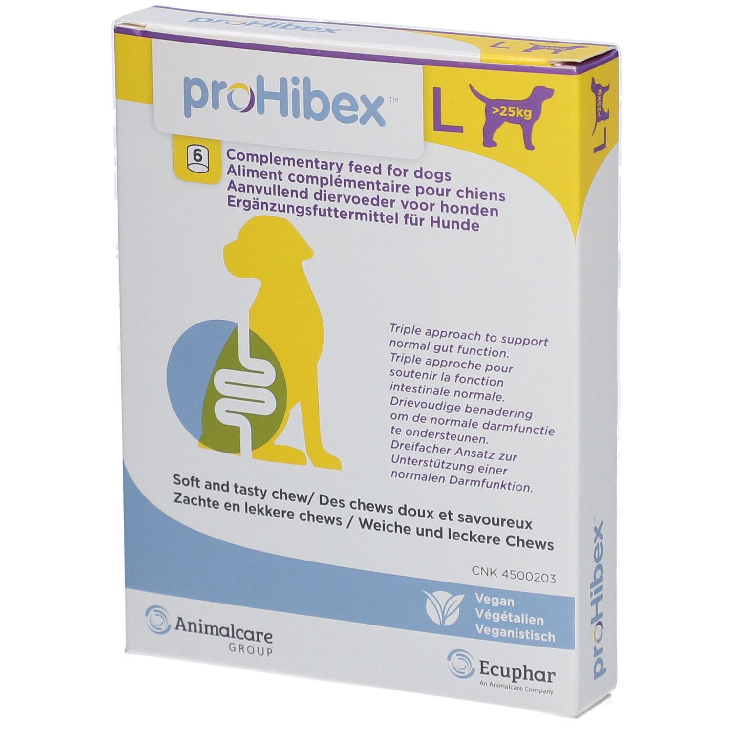 proHibex L-verpakking. Zes tabletten. Tekst in het Duits, Engels, Frans en Nederlands. Veganistisch.