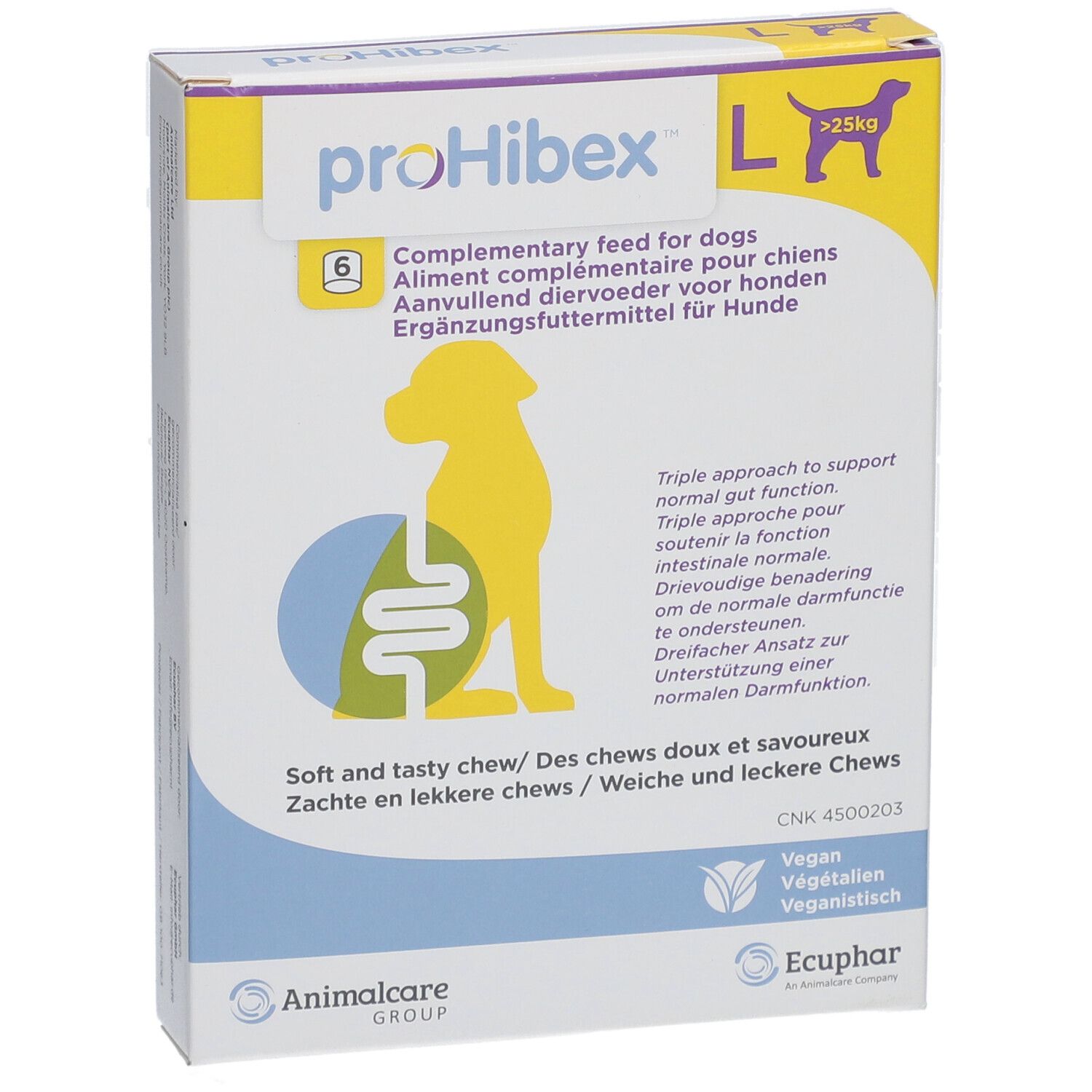 proHibex L-verpakking. Zes tabletten. Tekst in het Duits, Engels, Frans en Nederlands. Veganistisch.
