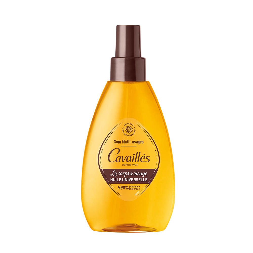 Flacon jaune avec vaporisateur marron. Inscription: Cavaillès, Huile Universelle. Étiquette avec logo et texte.