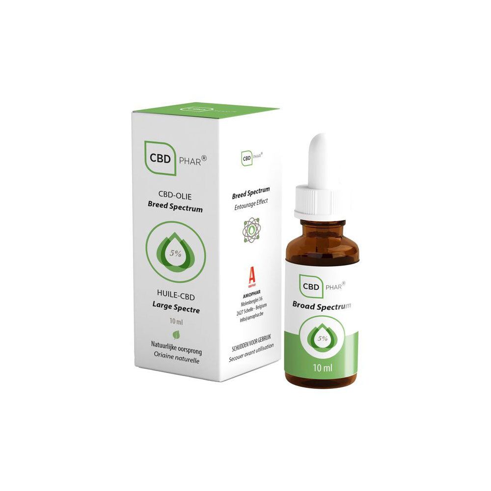 Productverpakking met fles. Opschrift: CBD PHAR, CBD-olie, Breed Spectrum, 5%, 10 ml. Extra informatie.