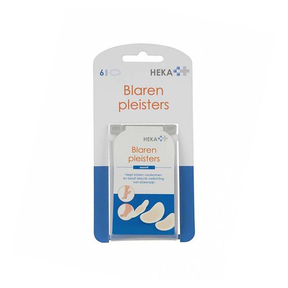 Verpakking met blarenpleisters. Merk Heka. 6 stuks. Witte en blauwe verpakking met productafbeelding.