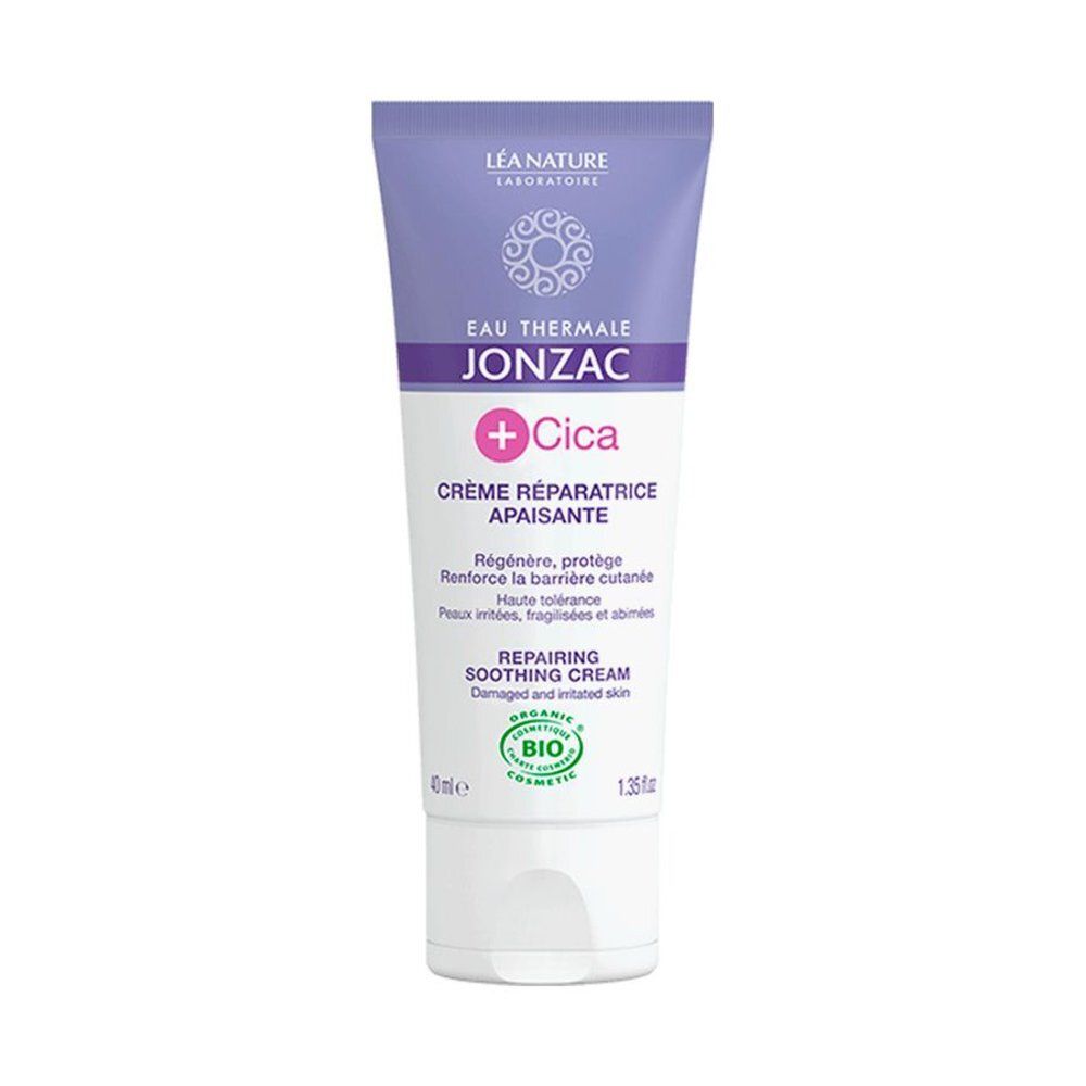 Tube de crème Jonzac +Cica. Inscription: Crème Réparatrice Apaisante. Logo Bio. Contenance 40ml.
