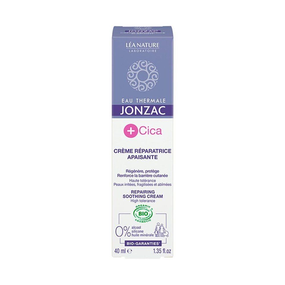 Jonzac +Cica crème doos. Tekst: Crème Réparatrice Apaisante. Bio-logo. Inhoud 40ml.