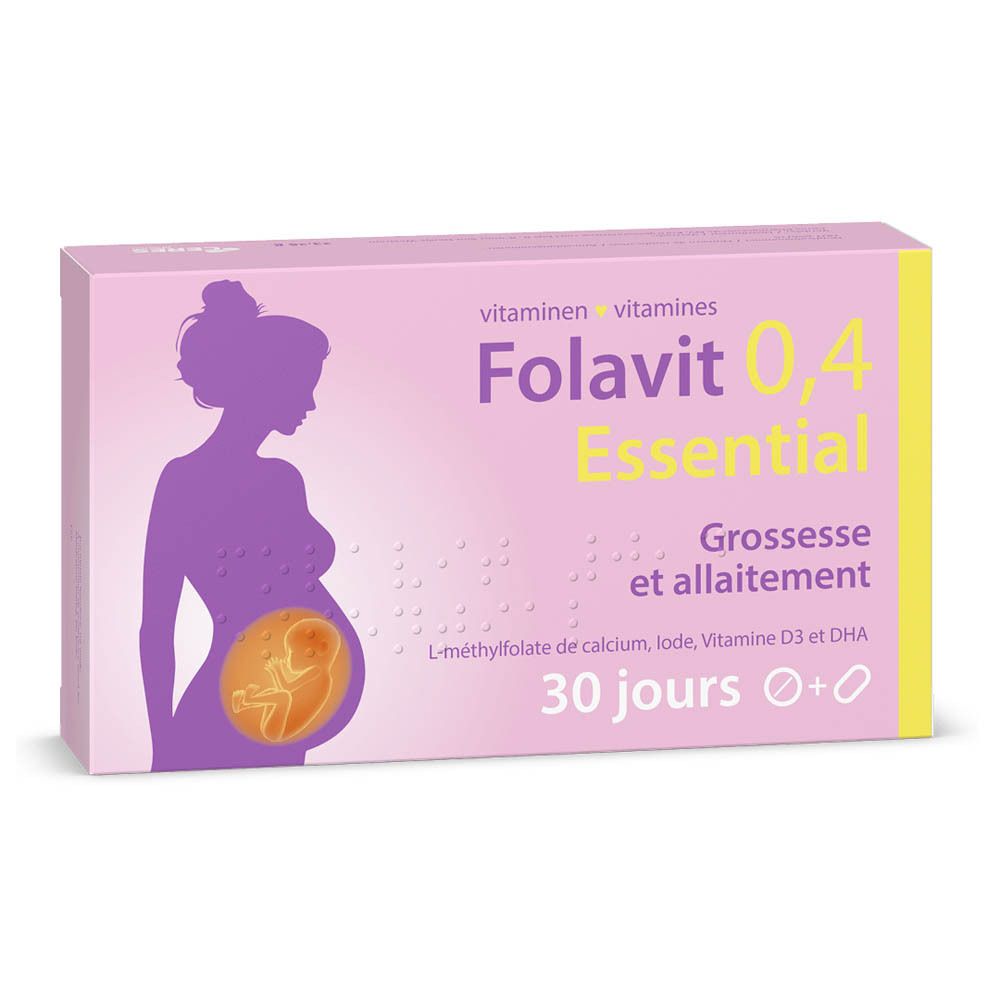 Boîte rose Folavit 0,4 Essential. Silhouette femme enceinte. 30 jours. Texte.