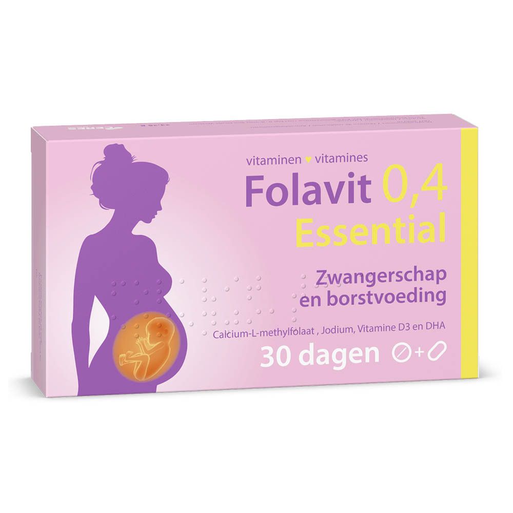Roze doos Folavit 0,4 Essential. Silhouet van een zwangere vrouw met foetus.