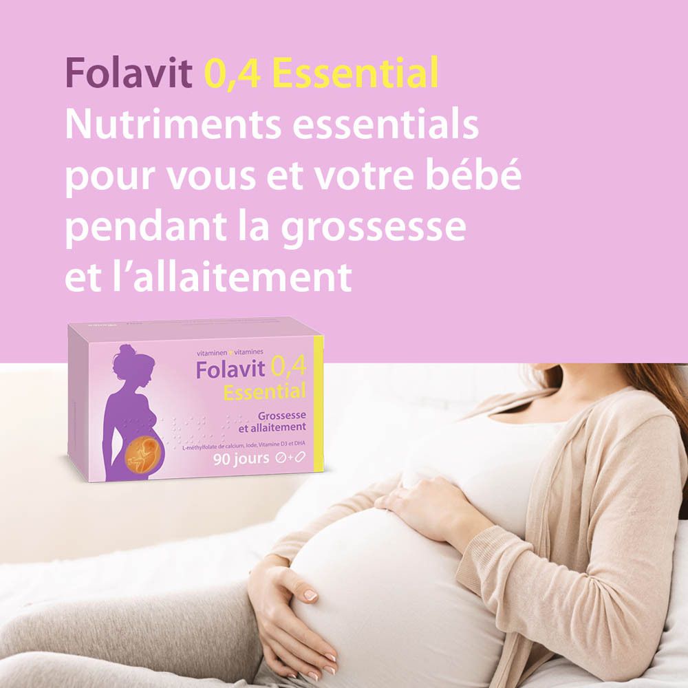 Folavit 0,4 Essential. Texte et image du produit. Femme enceinte au lit.