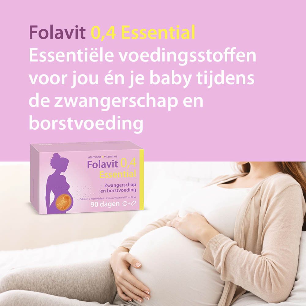 Verpakking Folavit 0,4 Essential naast zwangere vrouw. Tekst: Voedingsstoffen voor zwangerschap en borstvoeding.