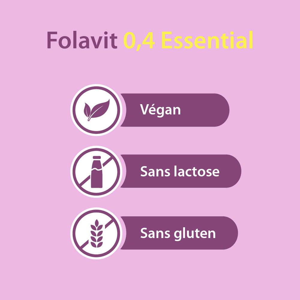 Folavit 0,4 Essential. Végétalien, sans lactose, sans gluten. Fond violet.