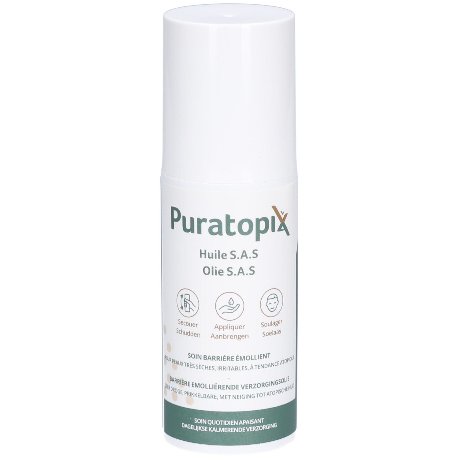Flacon blanc avec étiquette verte. Texte: Puratopix Huile S.A.S. Olie S.A.S. Soin barrière émollient pour peaux sèches, irritables.