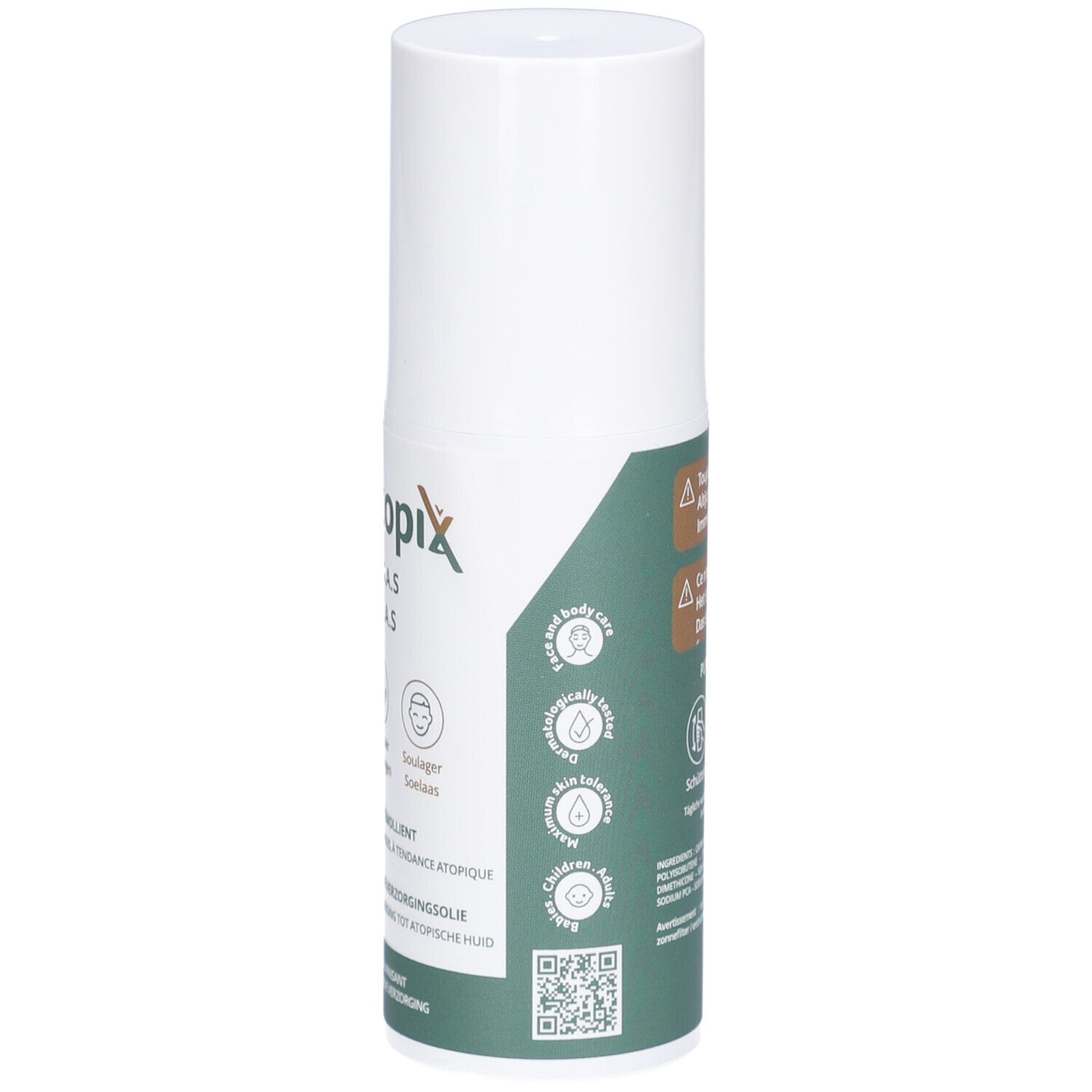 Flacon blanc avec étiquette verte. Texte: Puratopix Huile S.A.S. Olie S.A.S. Informations supplémentaires et code QR.