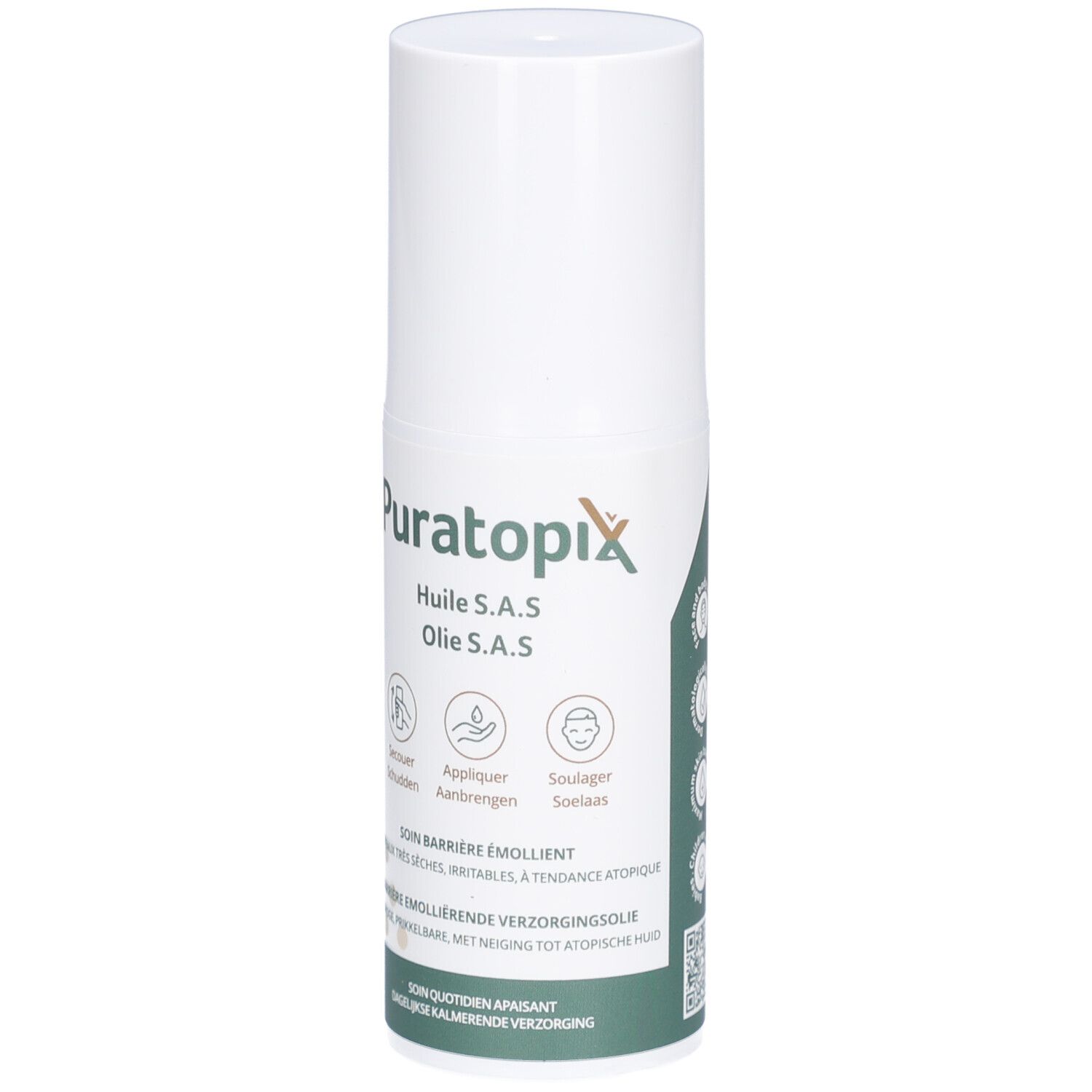 Flacon blanc avec étiquette verte. Texte: Puratopix Huile S.A.S. Olie S.A.S. Soin barrière émollient pour peaux sèches, irritables.
