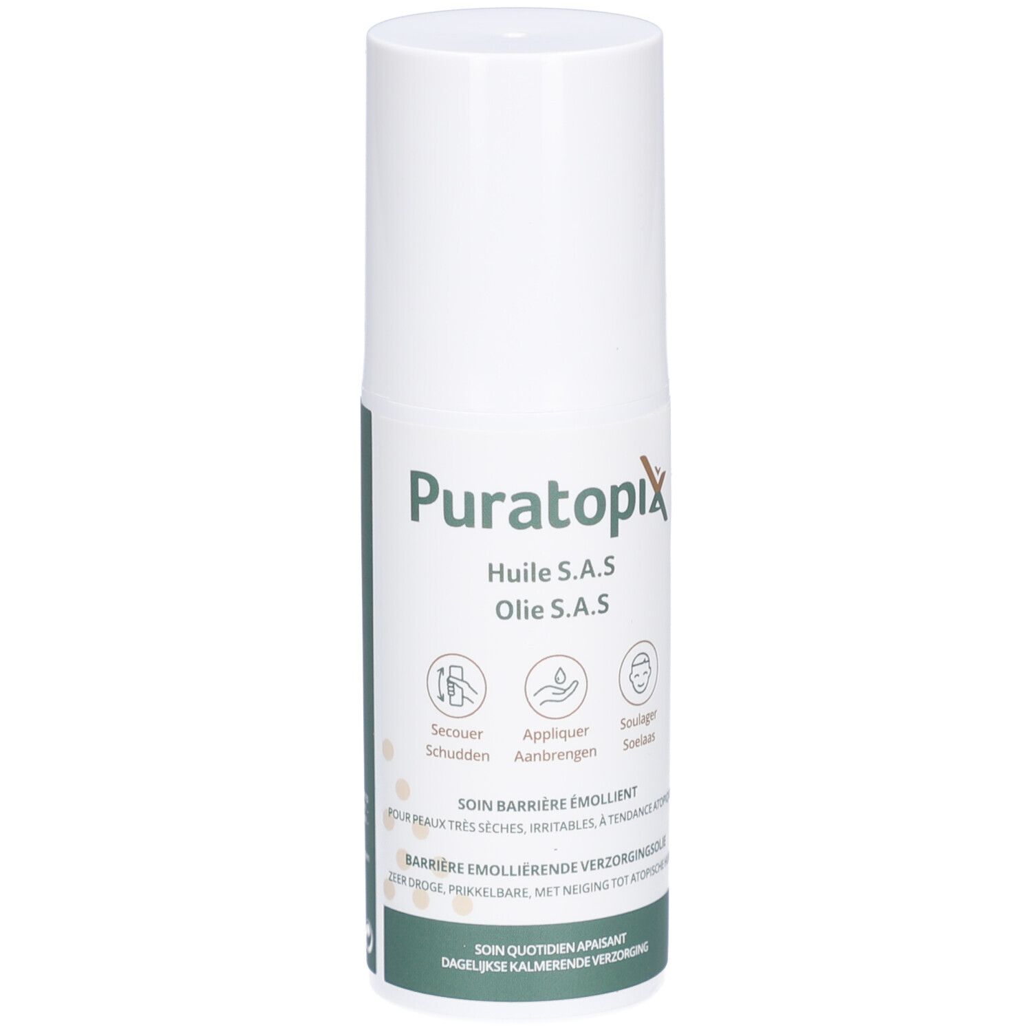 Flacon blanc avec étiquette verte. Texte: Puratopix Huile S.A.S. Olie S.A.S. Soin barrière émollient pour peaux sèches, irritables.