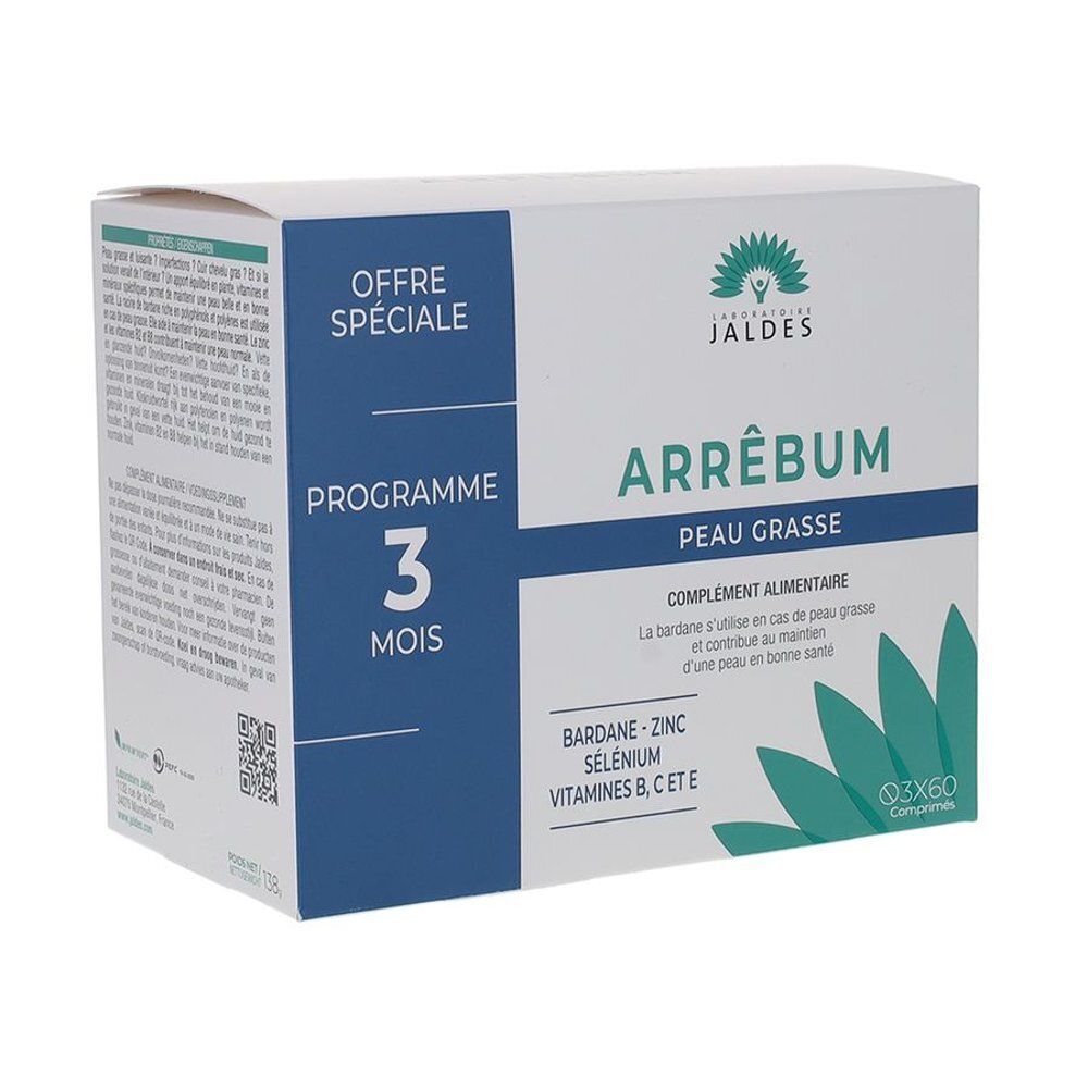 Doos Arrêbum Peau Grasse, programma van 3 maanden. Bevat 3x60 tabletten. Opschriften: « OFFRE SPÉCIALE » en « COMPLÉMENT ALIMENTAIRE ».
