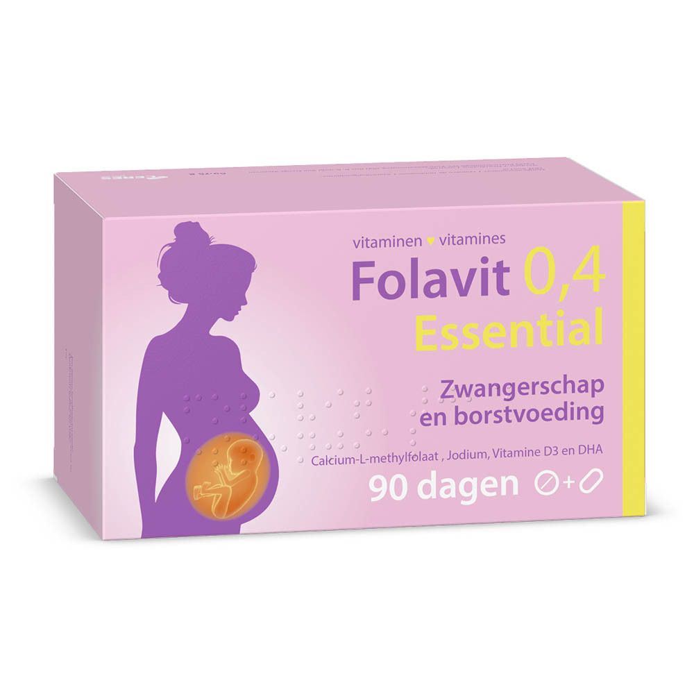 Roze doos Folavit 0,4 Essential. Silhouet van een zwangere vrouw. Tekst: Zwangerschap en borstvoeding, 90 dagen.