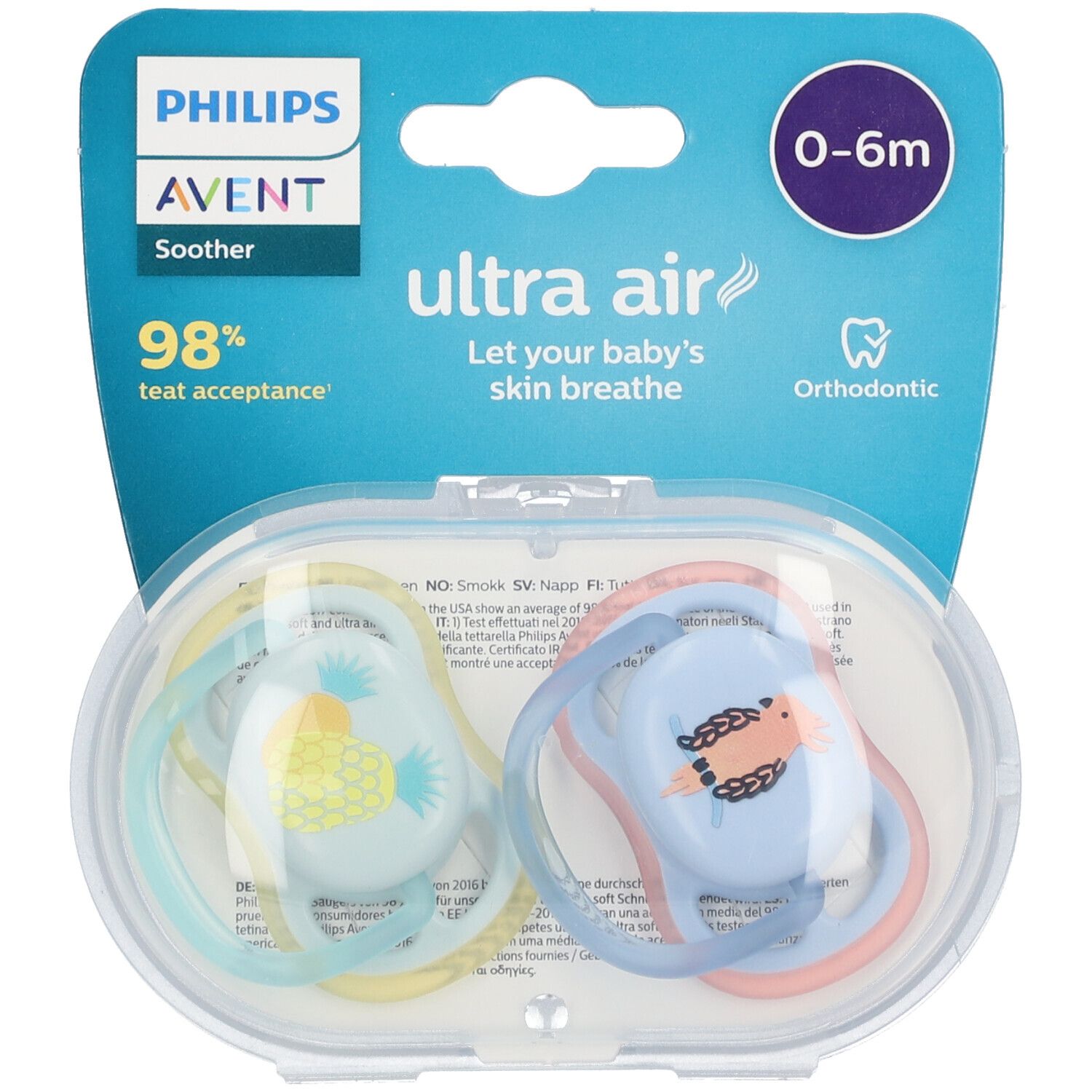 Twee fopspenen in transparante verpakking. Blauwe en gele designs met "Ultra Air". Merk: Philips Avent.