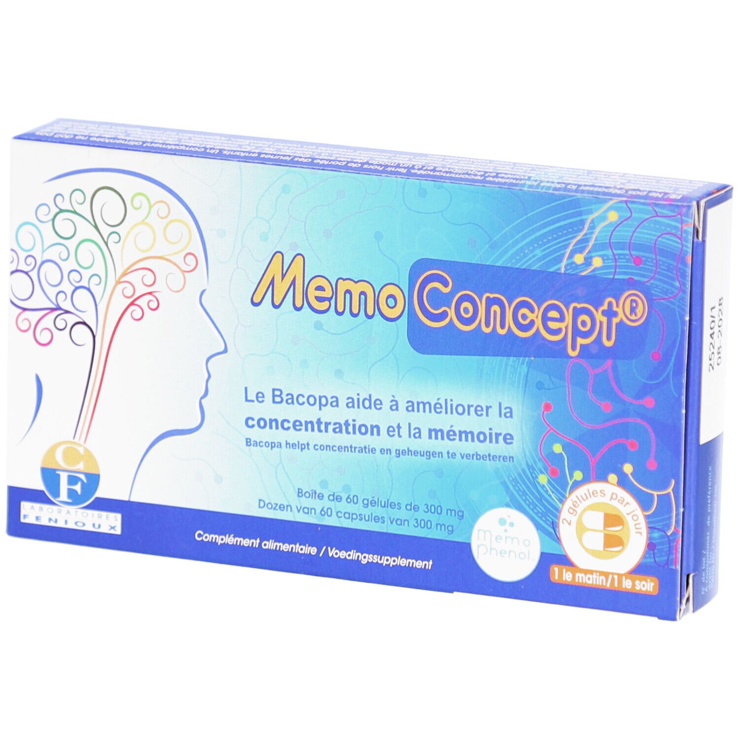 Doosje Memoconcept capsules. Blauw-witte verpakking met productnaam en illustratie van een brein.