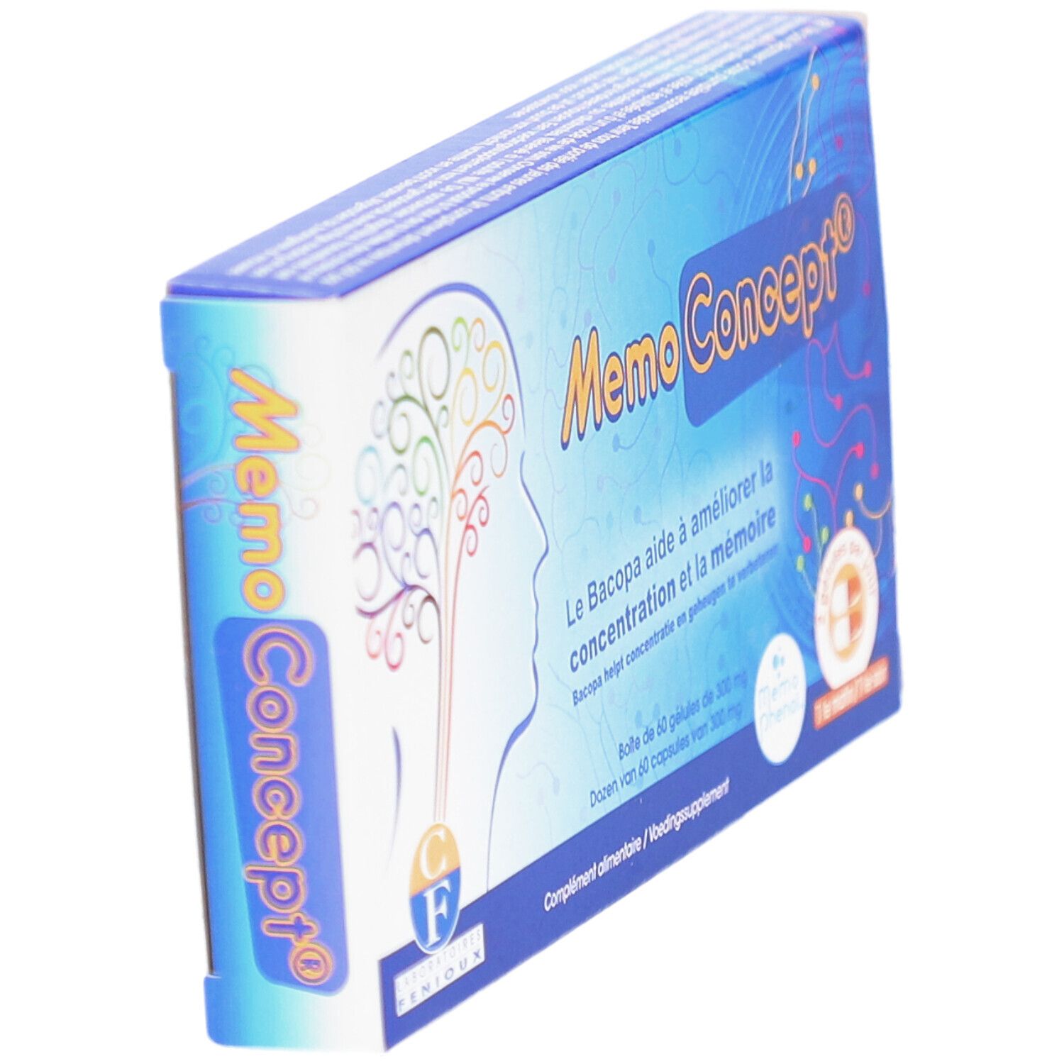 Memoconcept doosje, schuin. Blauw-witte verpakking met productnaam en hersenillustratie.