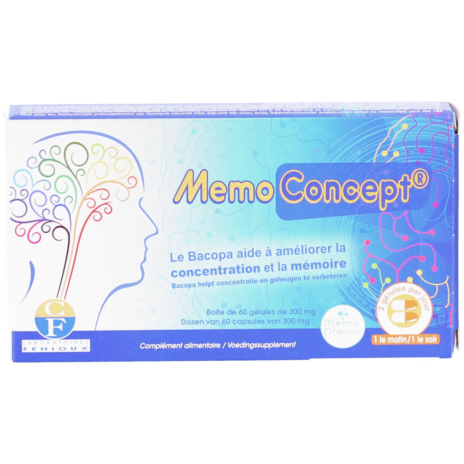 Doosje Memoconcept capsules. Blauw-witte verpakking met productnaam en illustratie van een brein.