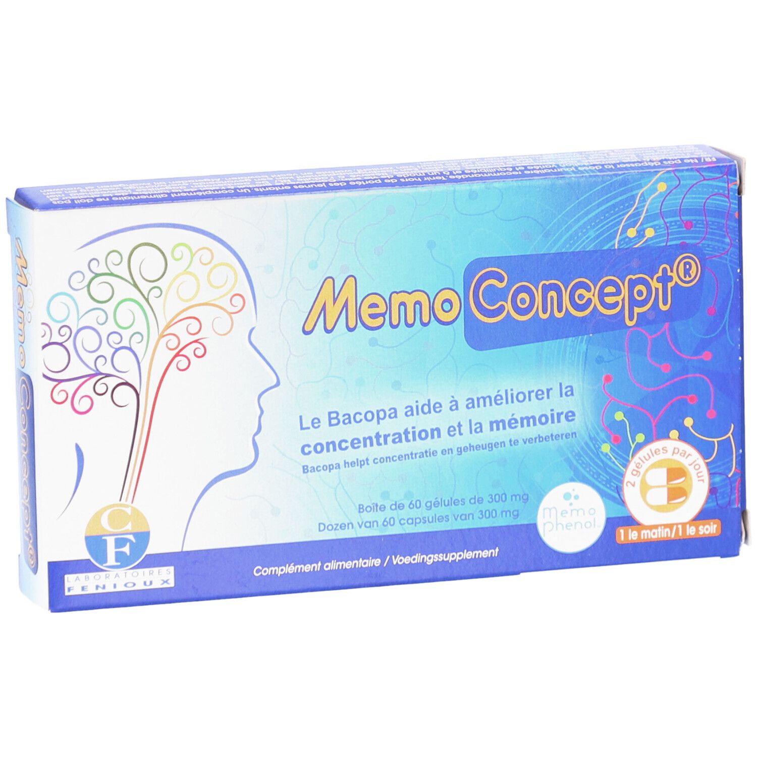 Doosje Memoconcept capsules. Blauw-witte verpakking met productnaam en illustratie van een brein.