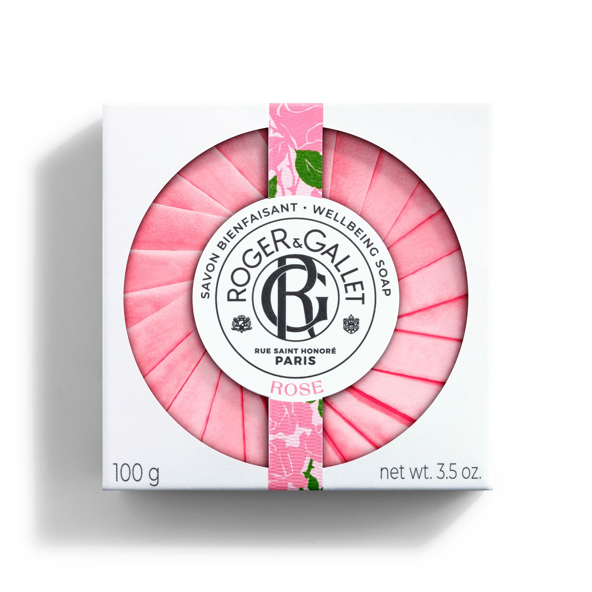 Roze zeep in witte doos. Logo Roger & Gallet, Rose. 100g, 3.5 oz. Rozenpatroon.